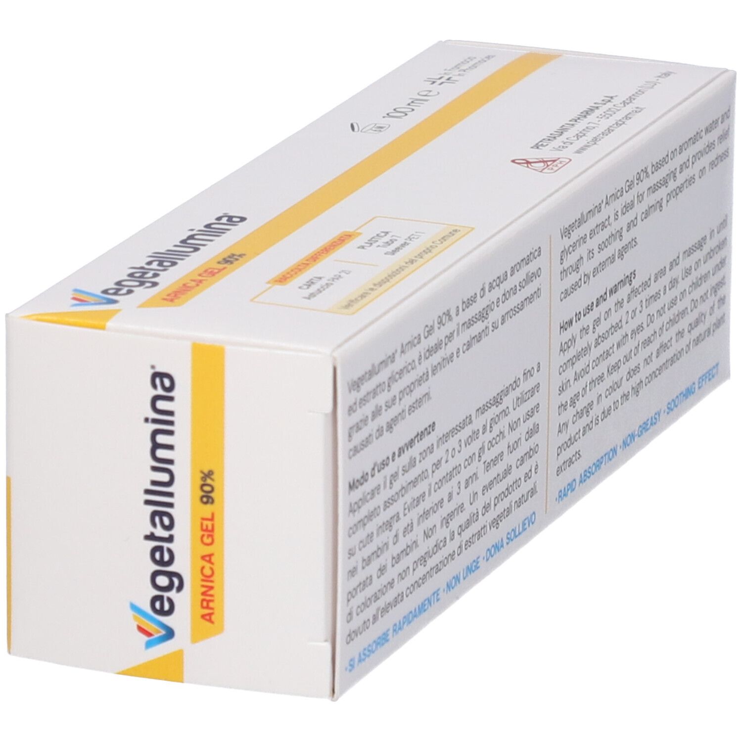 Schräg gestellte weiße Verpackung mit Text. Vegetallumina Arnica Gel 90%.