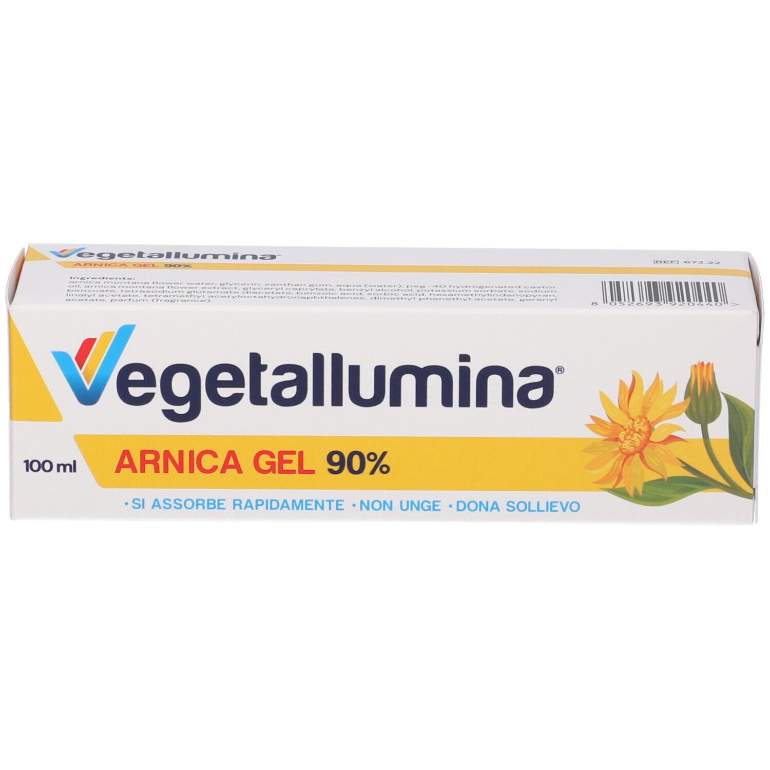 Weiße Verpackung mit Vegetallumina-Logo, Arnica Gel 90% und Blüte. 100 ml.