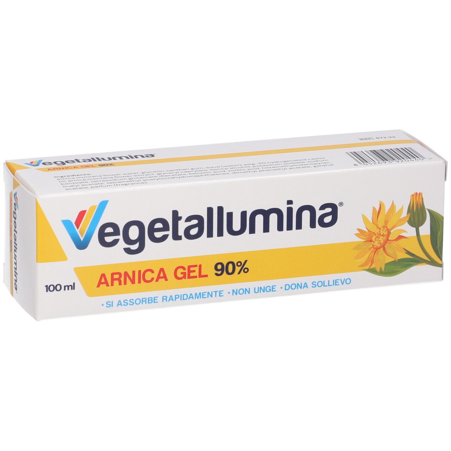 Weiße Verpackung mit Vegetallumina-Logo, Arnica Gel 90% und Blüte. 100 ml.