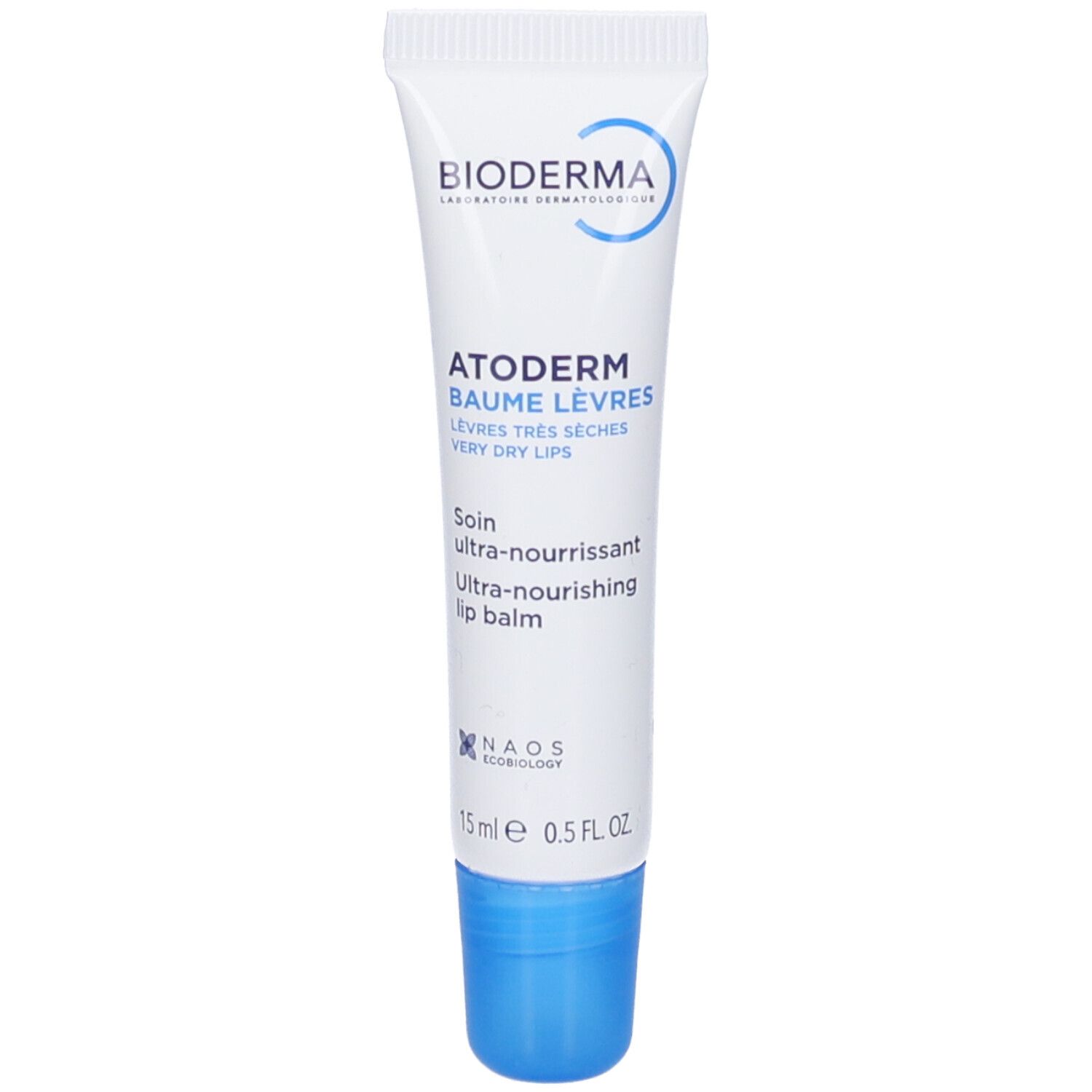 Weiße Tube mit blauem Deckel. Aufschrift: Bioderma, Atoderm Baume Lèvres, Lippenbalsam für sehr trockene Lippen.