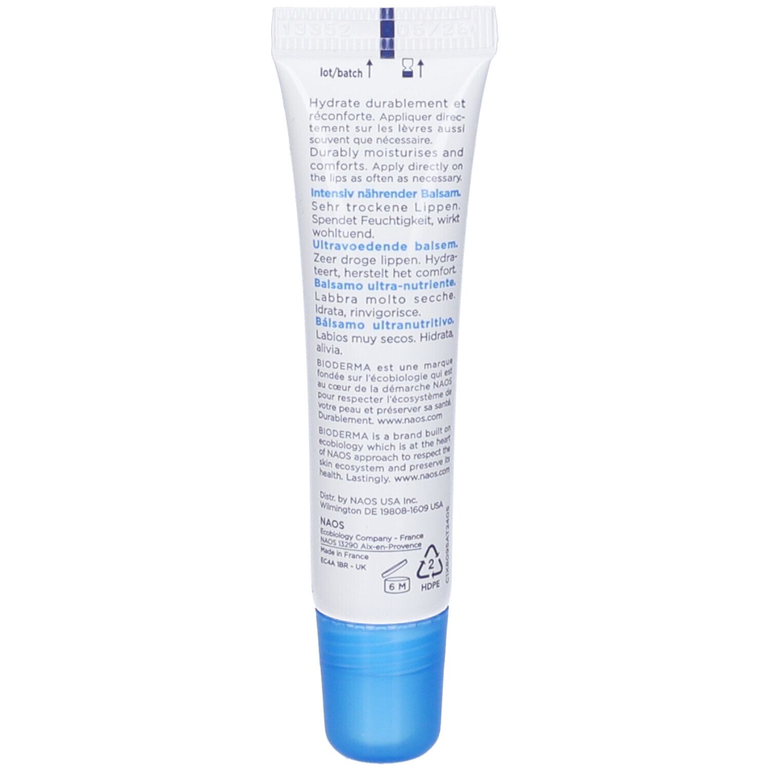 Rückseite der Tube. Text in mehreren Sprachen: Hydratisiert, pflegt, lindert. Bioderma-Logo und Informationen.