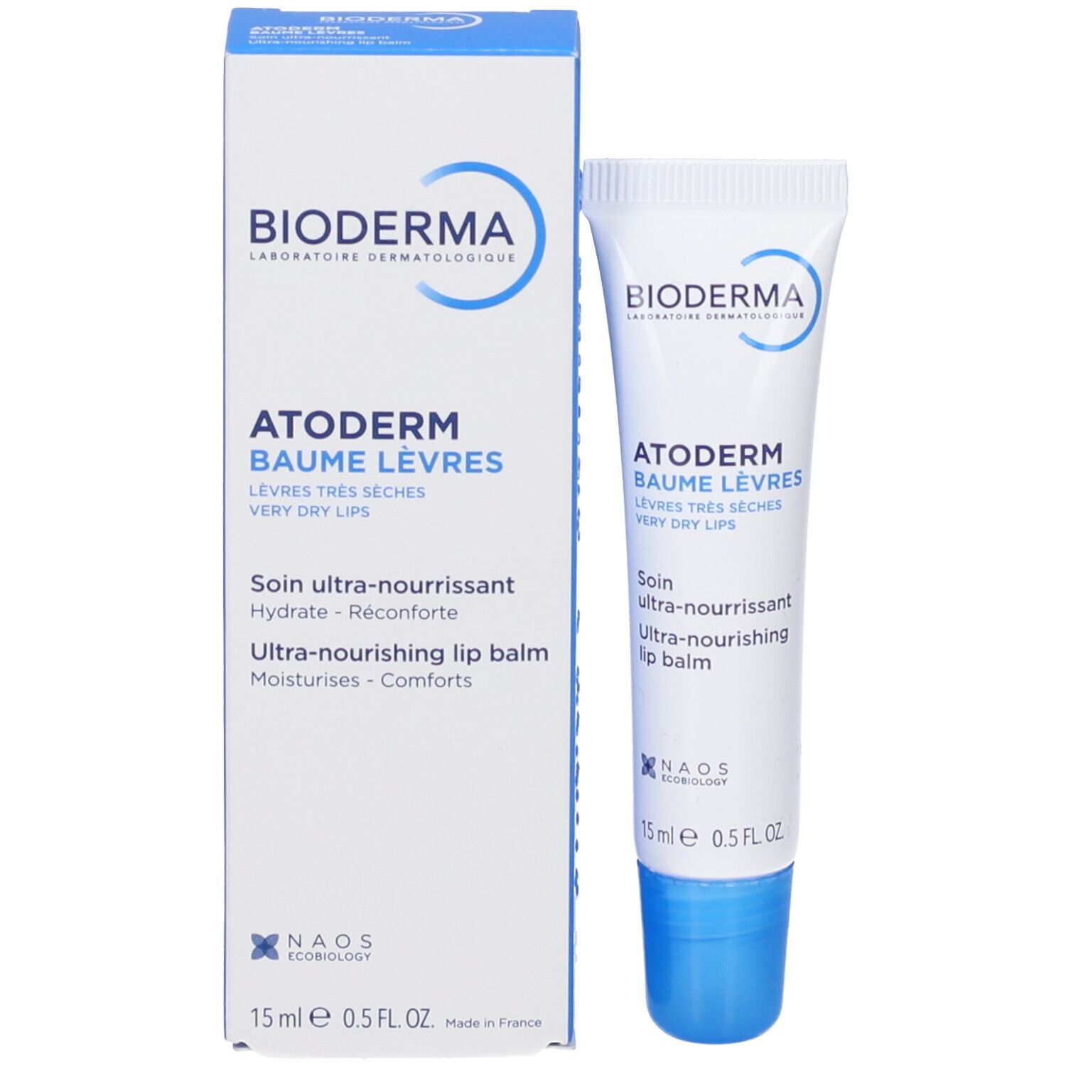 Produktverpackung: Tube und Schachtel. Aufschrift: Bioderma, Atoderm Baume Lèvres, Lippenbalsam für sehr trockene Lippen.