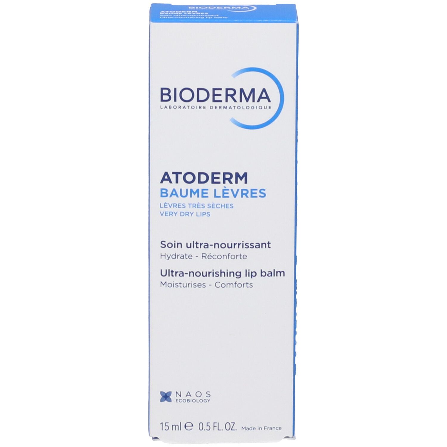Produktverpackung: Schachtel. Aufschrift: Bioderma, Atoderm Baume Lèvres, Lippenbalsam für sehr trockene Lippen.