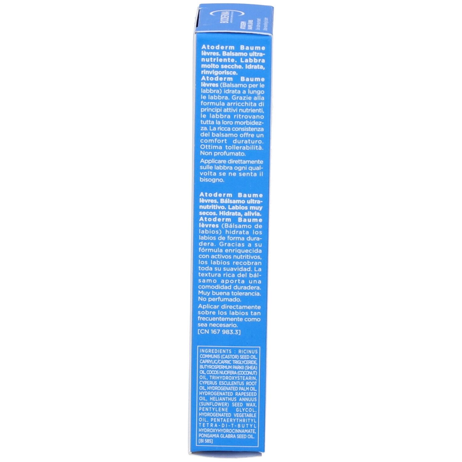 Seite der Schachtel. Text in mehreren Sprachen: Atoderm Baume Lèvres, Inhaltsstoffe, Anwendungshinweise.