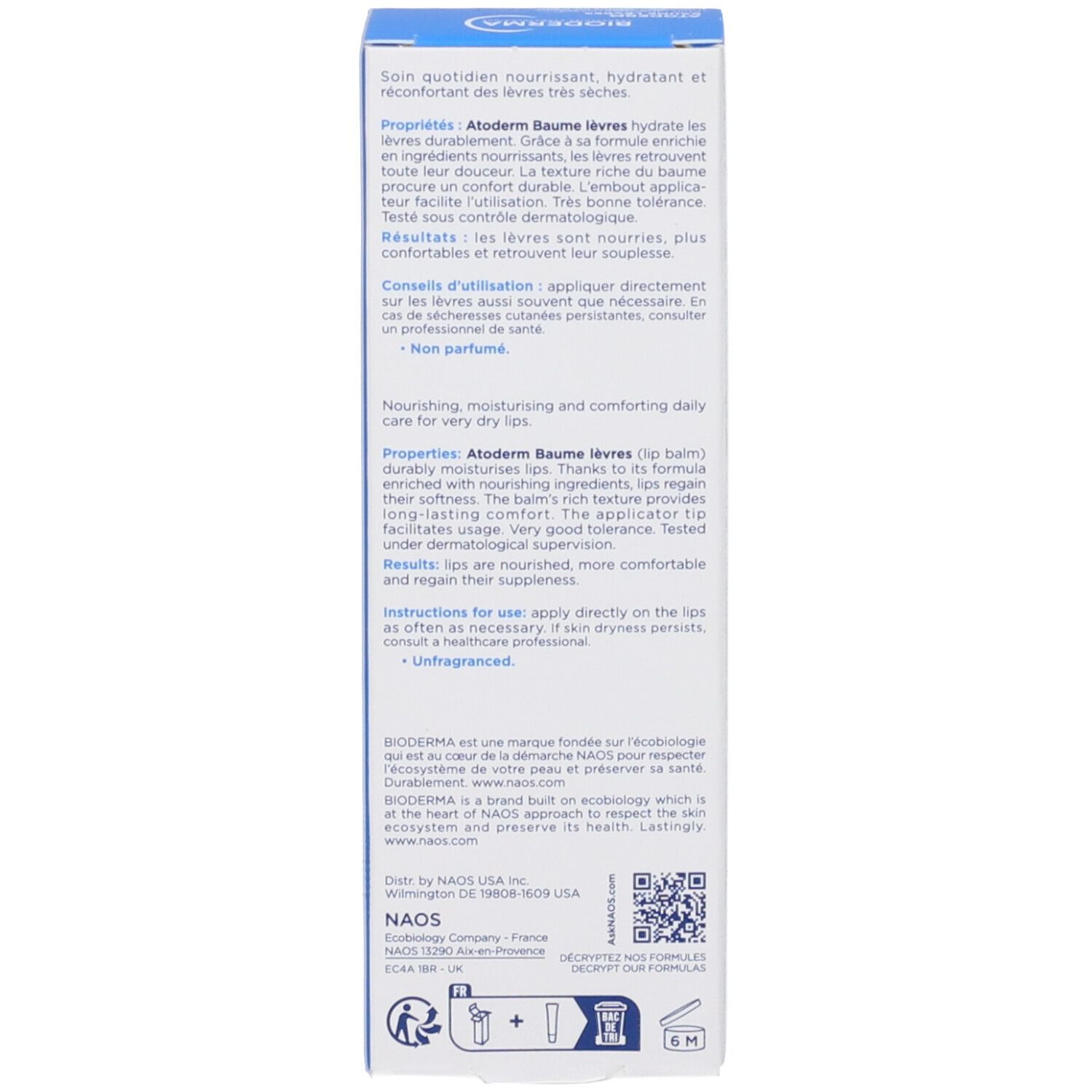 Rückseite der Schachtel. Text in mehreren Sprachen: Anwendungshinweise, Inhaltsstoffe, Informationen zu Bioderma.