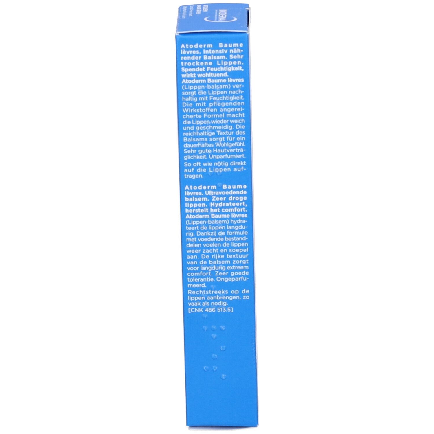 Seite der Schachtel. Text in mehreren Sprachen: Atoderm Baume Lèvres, Anwendungshinweise, Informationen.