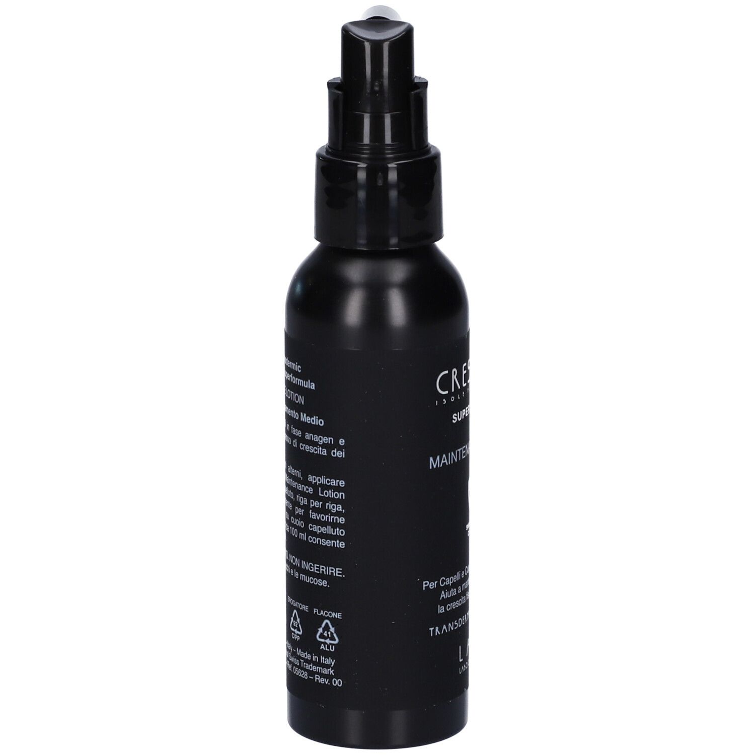 Flacone nero con erogatore a pompa per siero per capelli. Etichetta con 'CRE' e 'MAINTENANCE LOTION'.