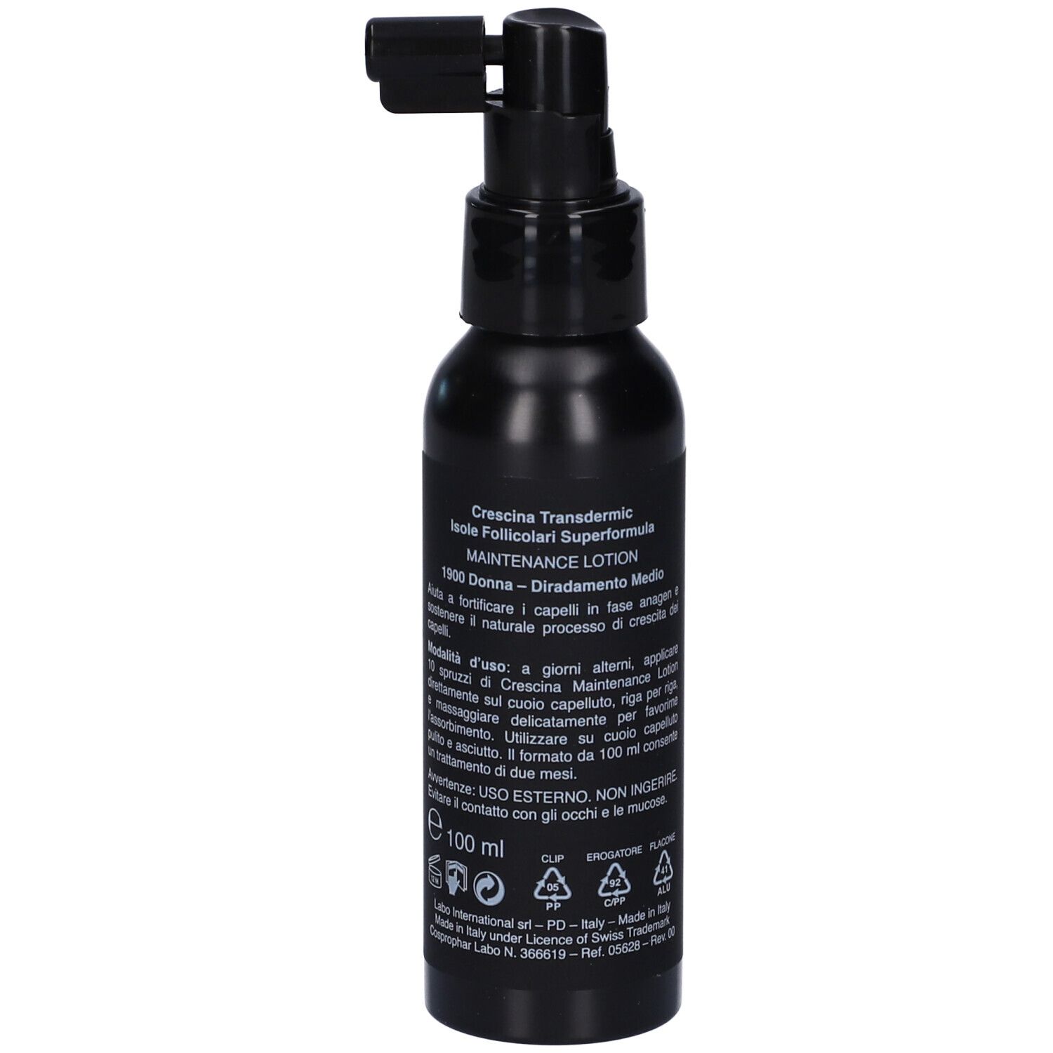 Flacone spray nero con Crescina Transdermic Maintenance Lotion, 100 ml.