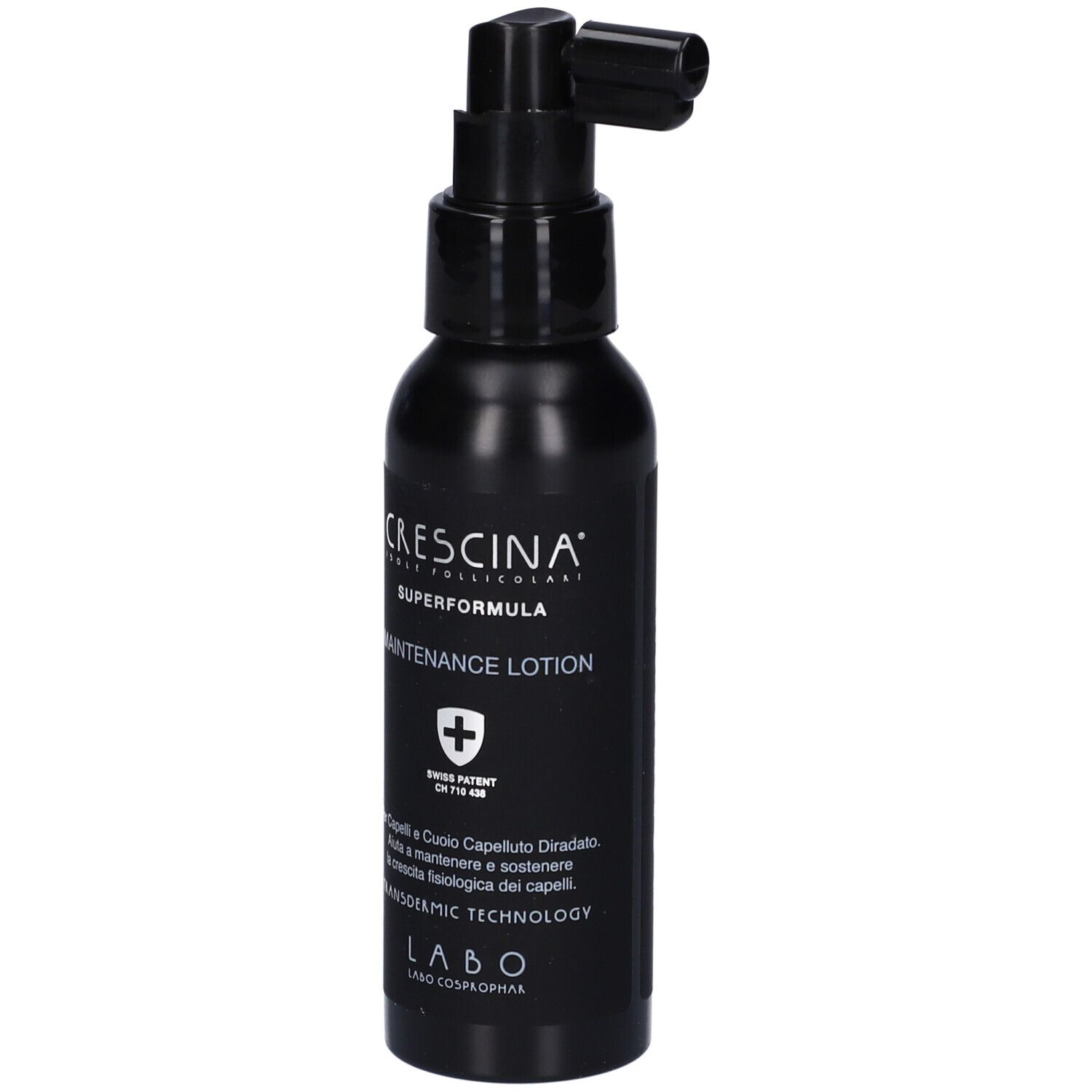 Flacone nero con dispenser a pompa e applicatore. Testo: Crescina Superformula Maintenance Lotion.