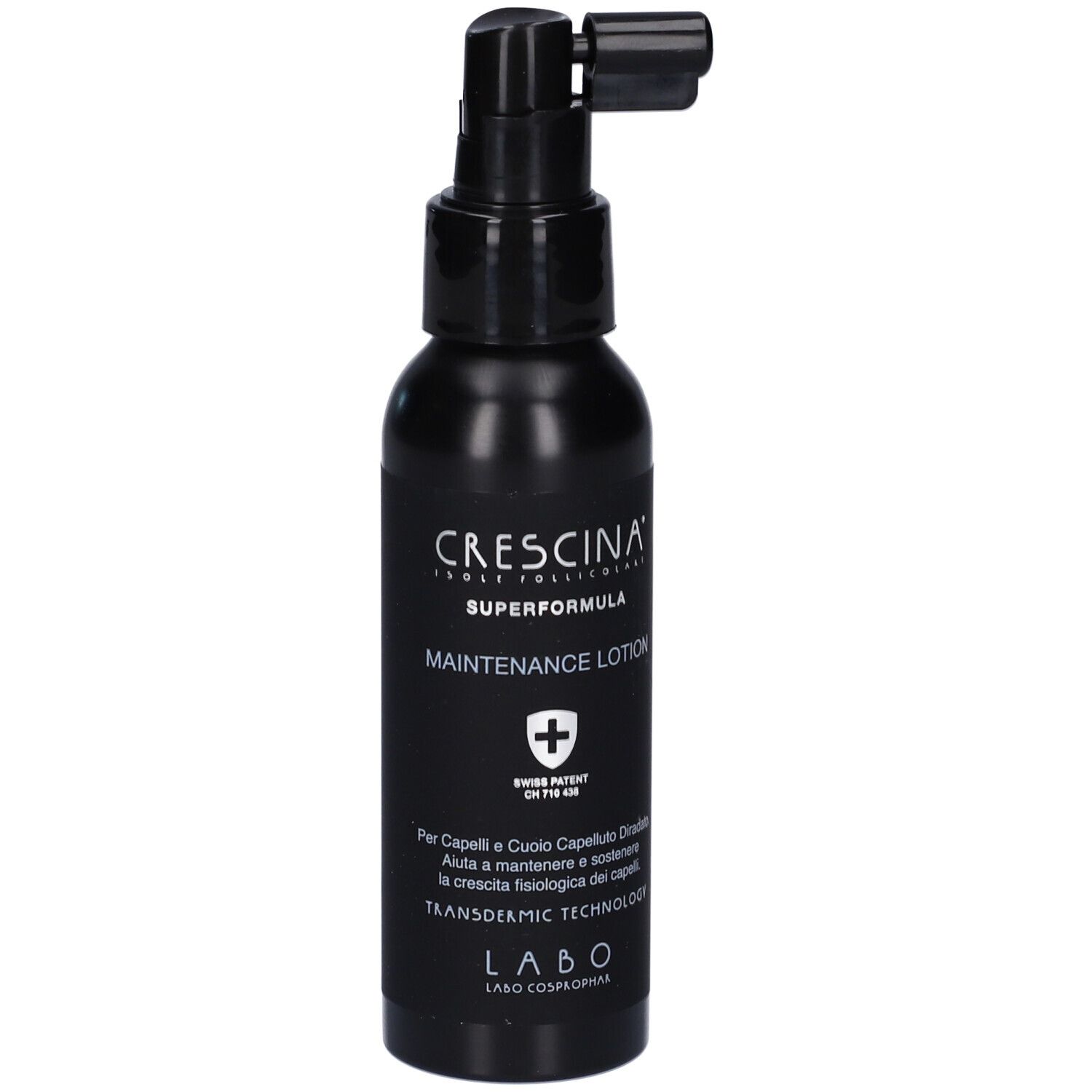 Flacone nero con pompa ed erogatore. Scritta: Crescina Superformula Maintenance Lotion.