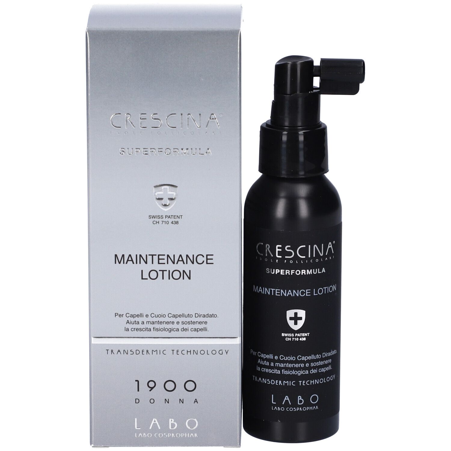 Flacone Crescina Maintenance Lotion con applicatore e confezione. Swiss Patent.
