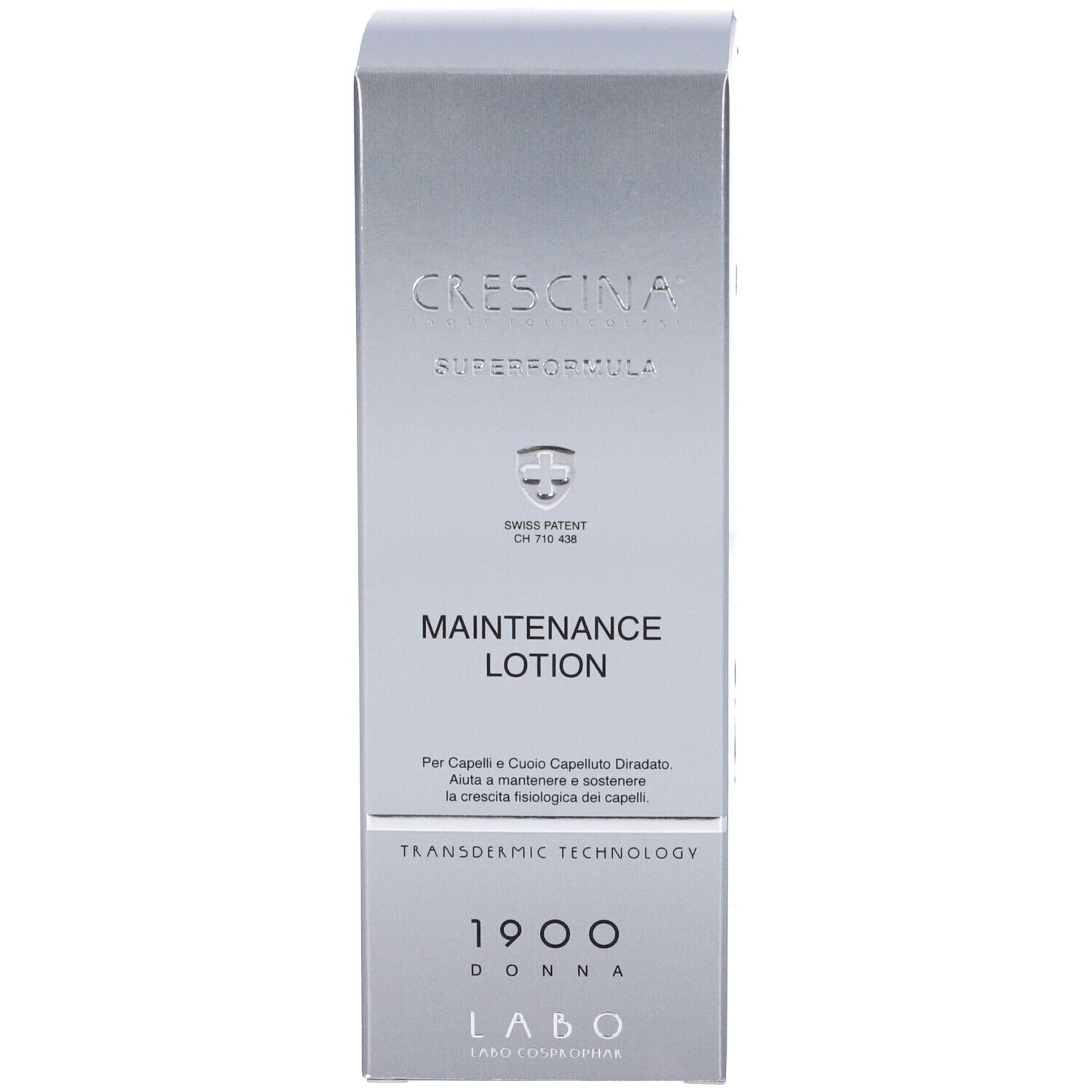 Confezione Crescina Maintenance Lotion con testo 'Superformula', 'Swiss Patent' e 'Transdermic Technology'.