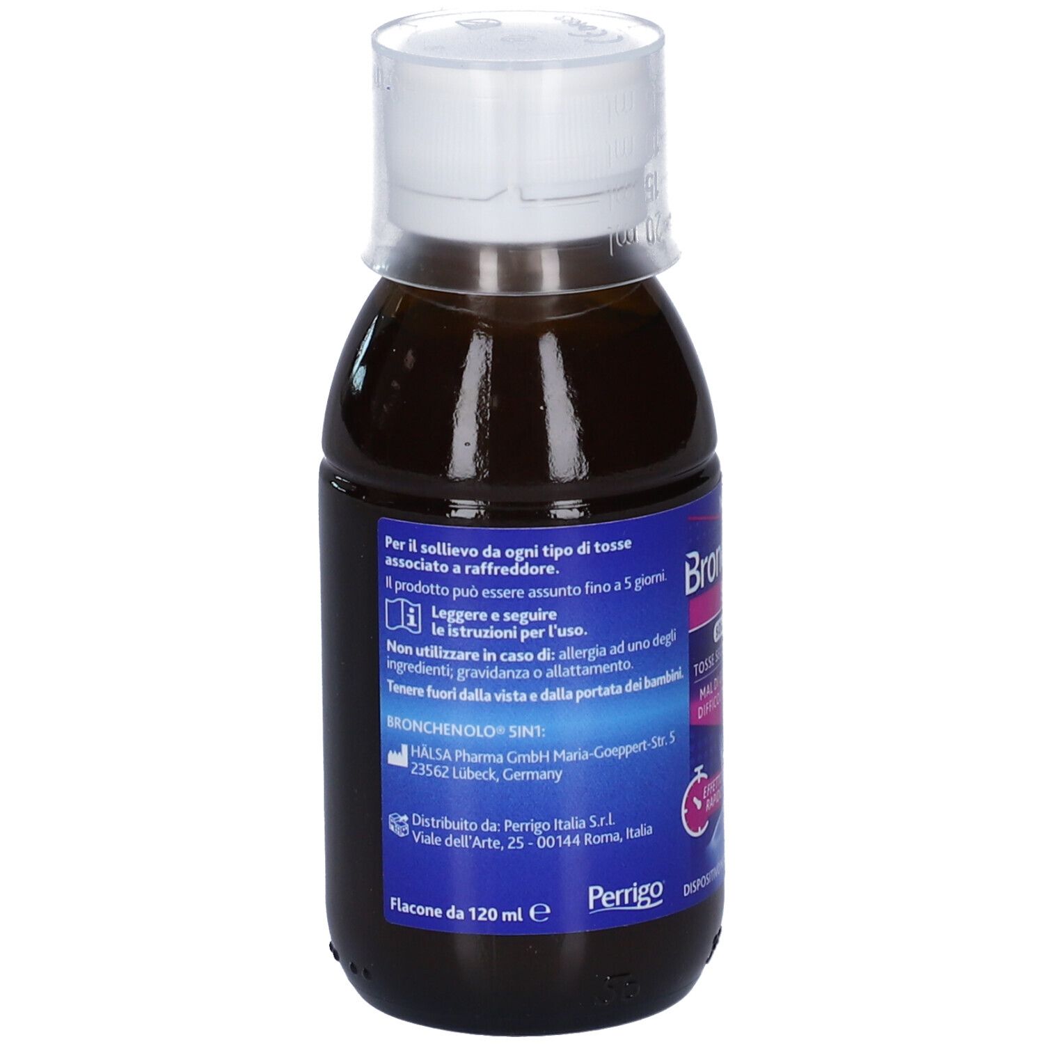 Rückseite einer Flasche mit brauner Flüssigkeit und weißem Verschluss. Etikett mit Produktinformationen und Herstellerangaben.