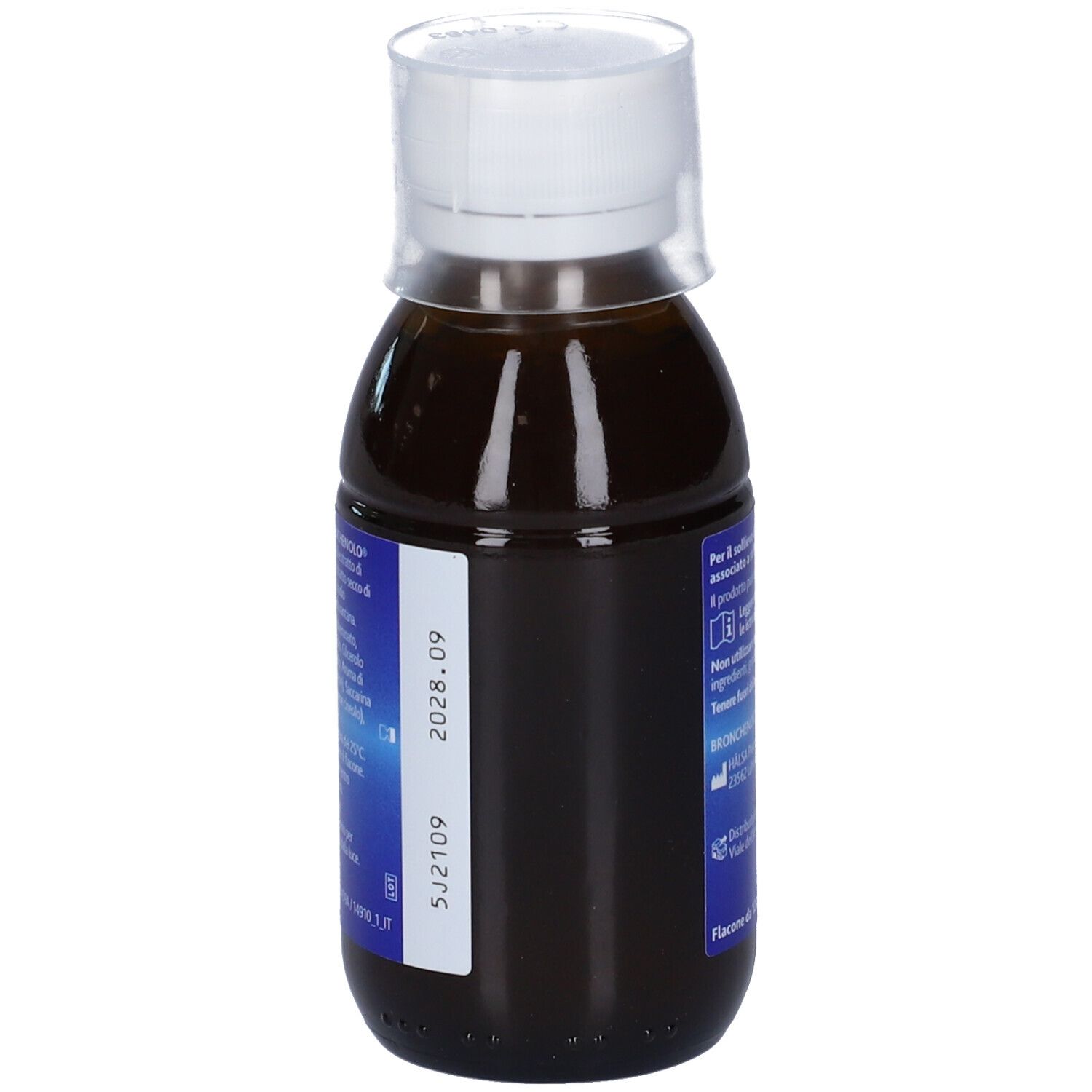 Flasche mit brauner Flüssigkeit und weißem Verschluss. Aufkleber mit Chargennummer und Verfallsdatum.