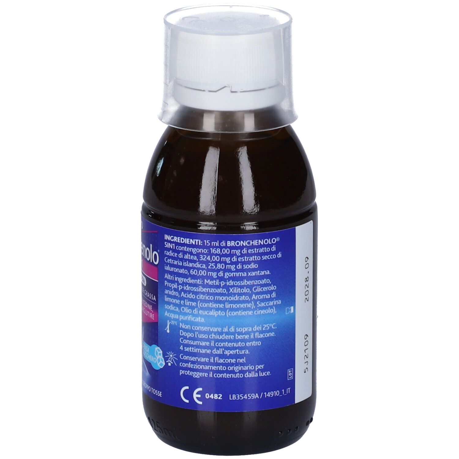 Flasche mit brauner Flüssigkeit und weißem Verschluss. Aufkleber mit Inhaltsstoffen und weiteren Produktinformationen.