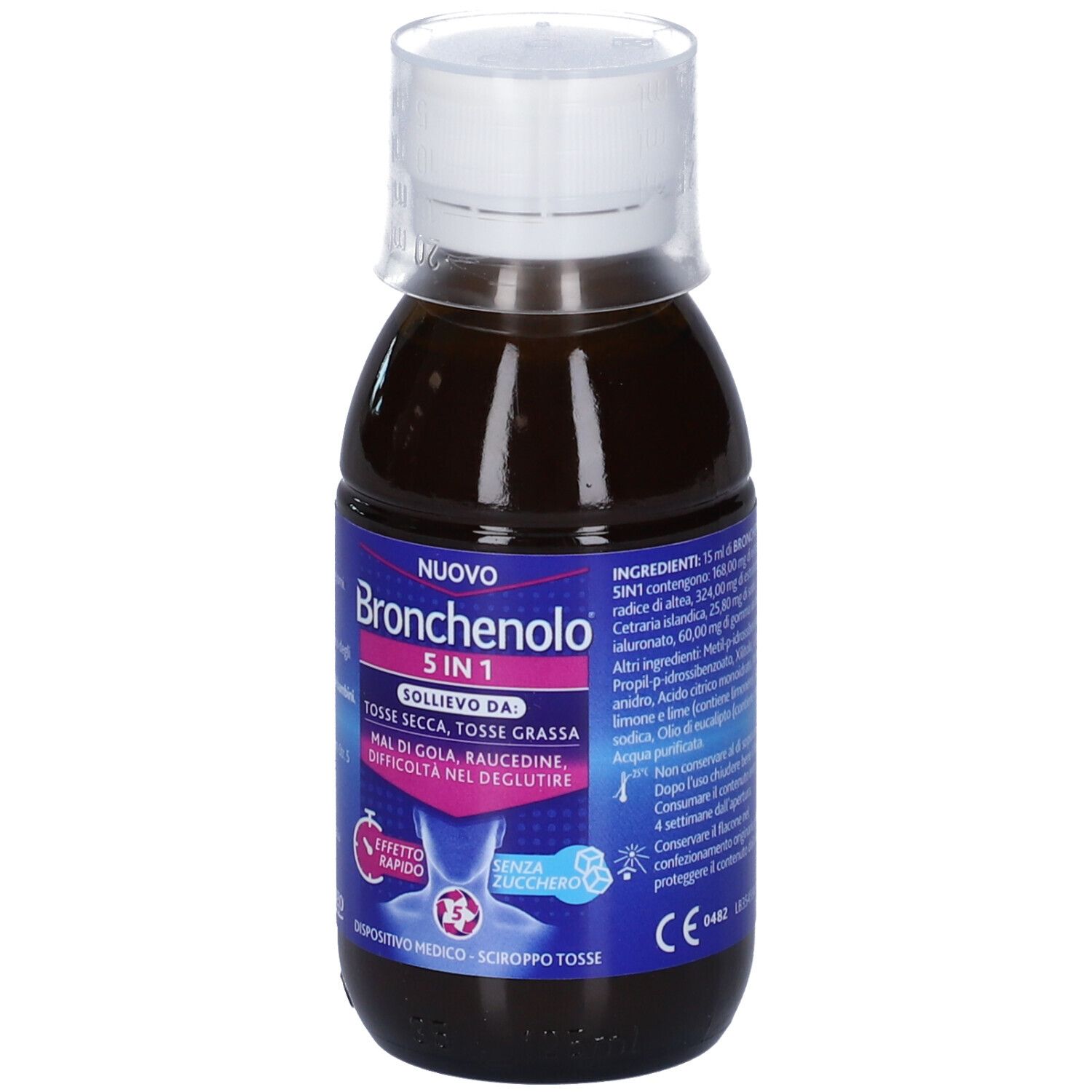 Flasche mit brauner Flüssigkeit und weißem Verschluss. Aufkleber mit Produktnamen und Informationen zur Anwendung.