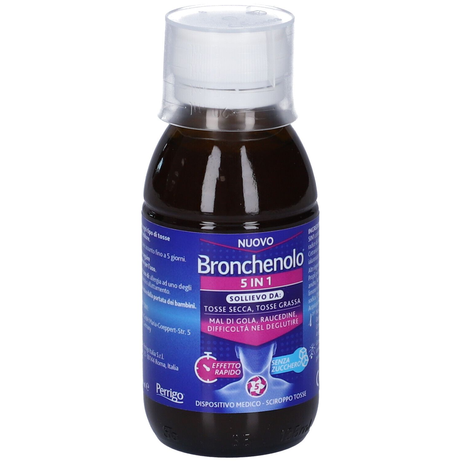 Flasche mit brauner Flüssigkeit und weißem Verschluss. Aufkleber mit Produktnamen und Informationen zur Anwendung.