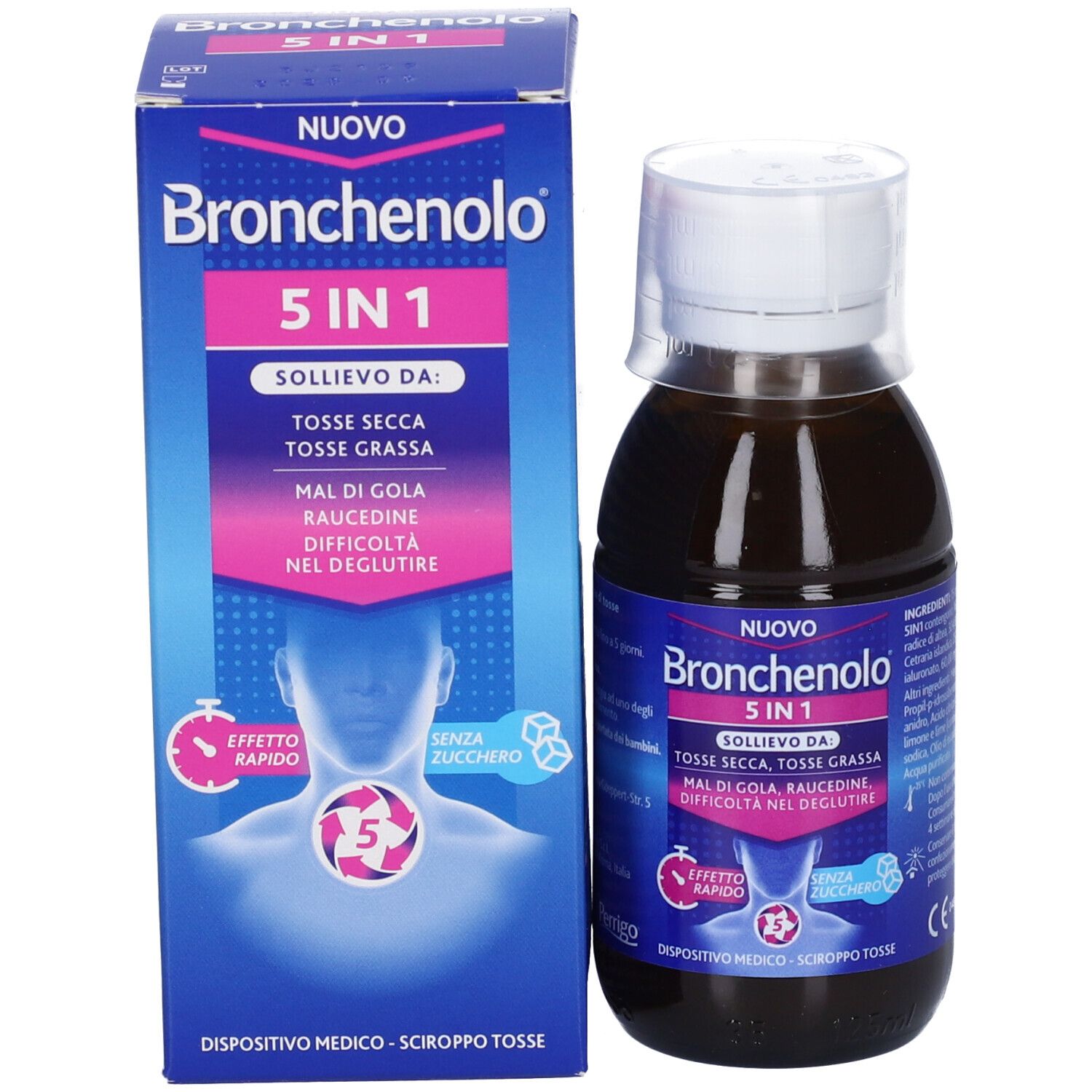 Produktflasche und Schachtel. Auf der Schachtel steht Bronchenolo 5 in 1. Die Flasche ist daneben.