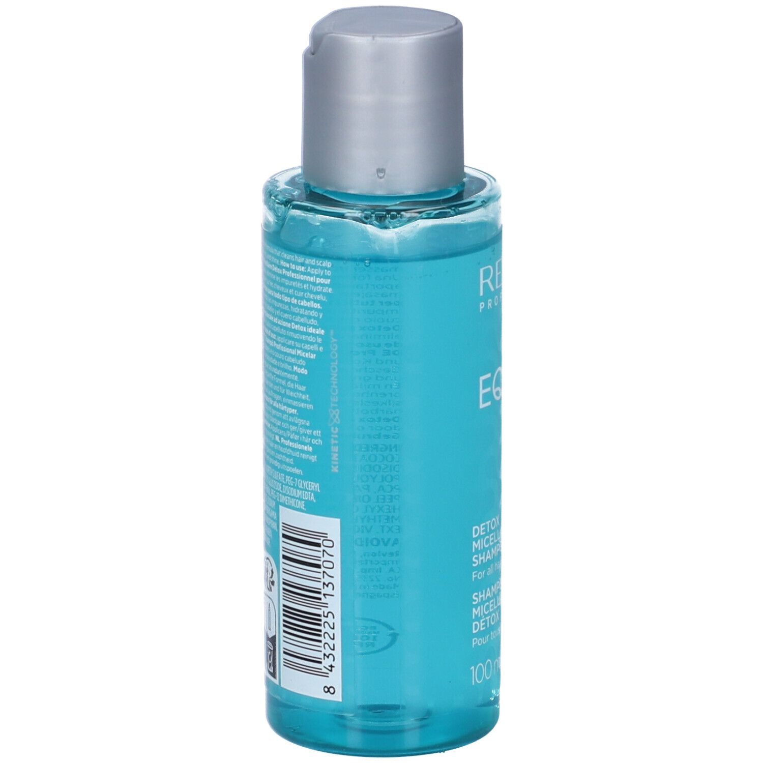 Rückseite der blauen Flasche. Text in mehreren Sprachen. Barcode und Recycling-Symbole.