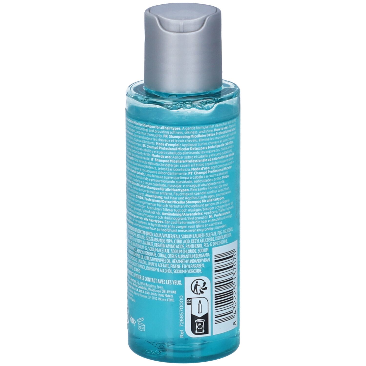 Rückseite der blauen Flasche. Text in mehreren Sprachen. Barcode und Recycling-Symbole.