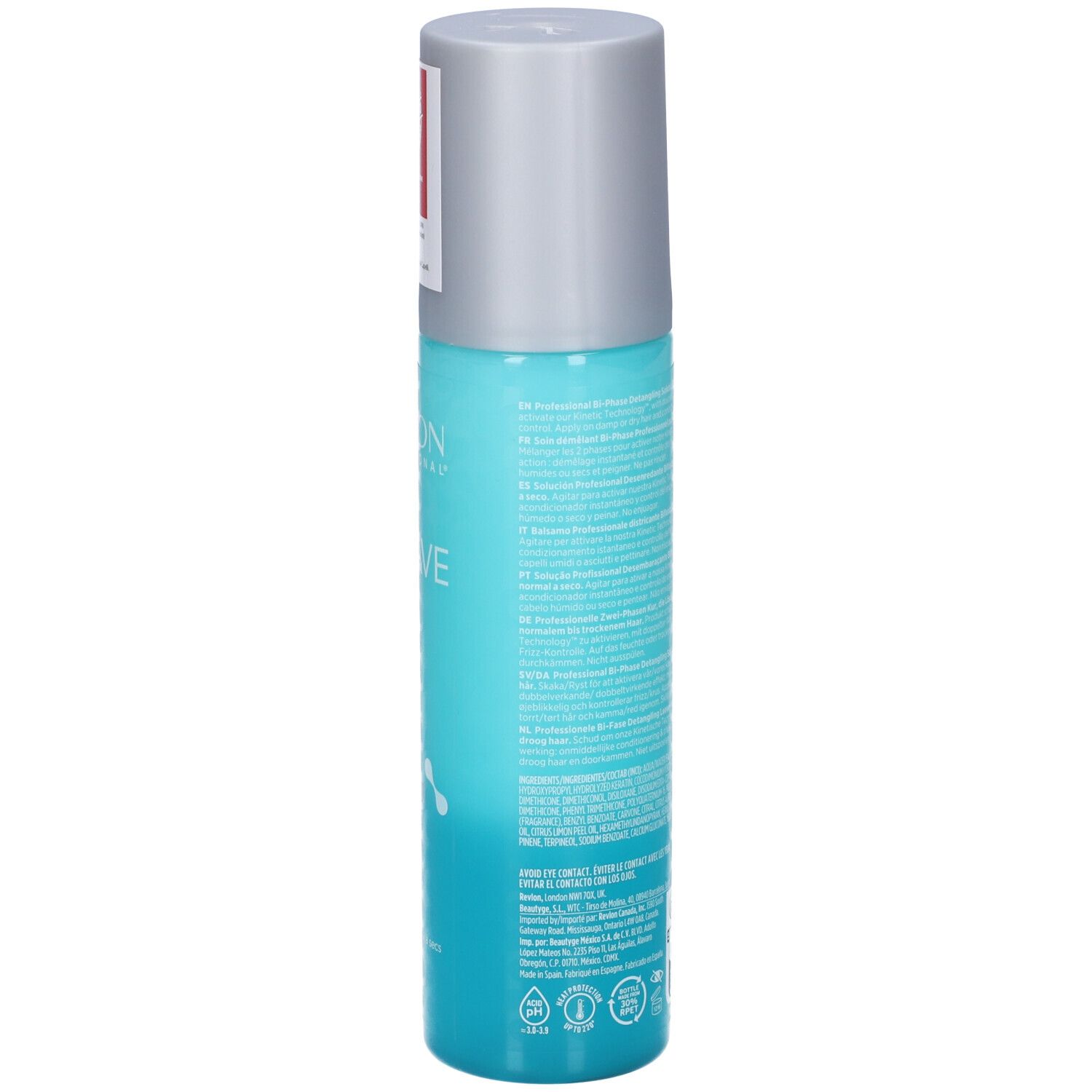 Rückseite einer türkisfarbenen Sprühflasche mit silbernem Deckel. Text und Barcode.