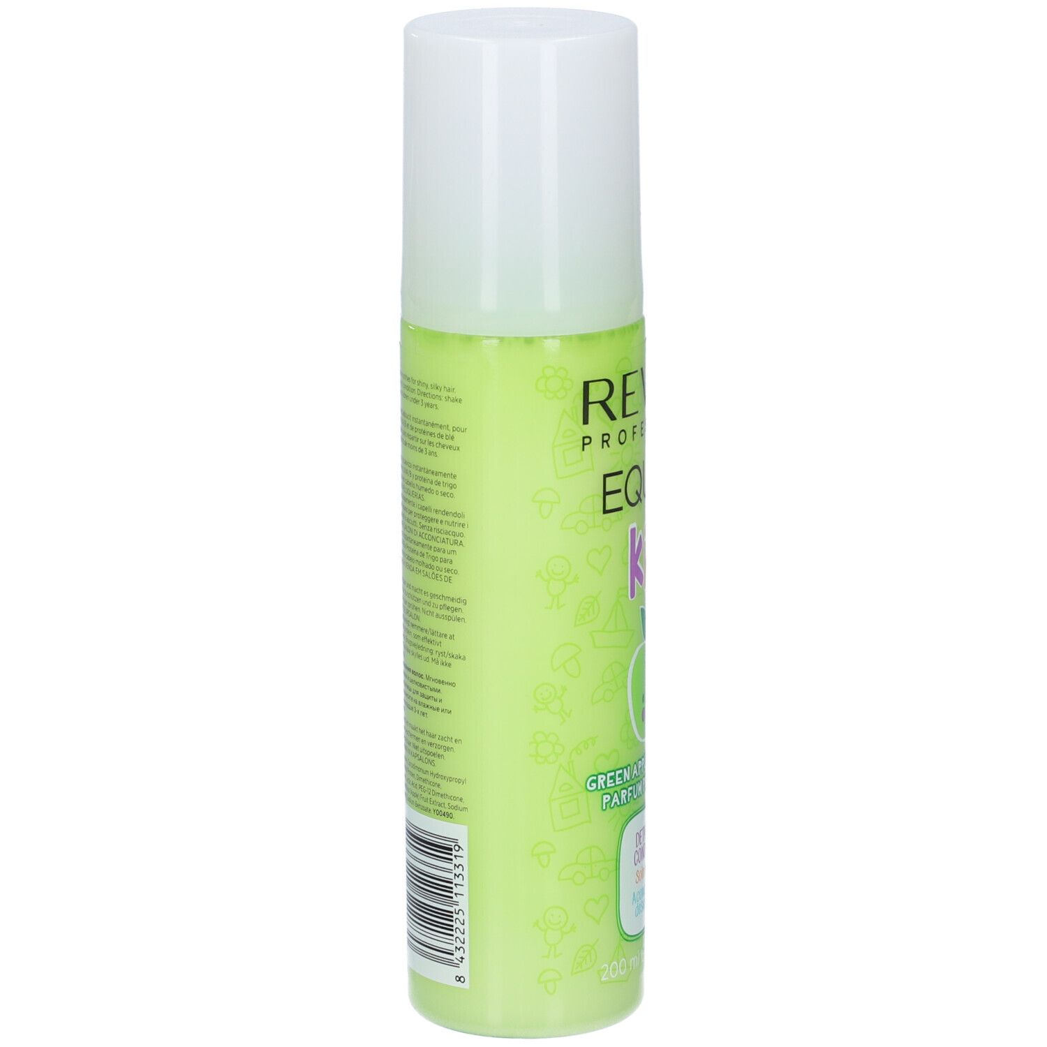 Grüne Flasche mit weißem Deckel. Rückseite mit Text und Barcode. Produkt: Revlon Equave Kids.