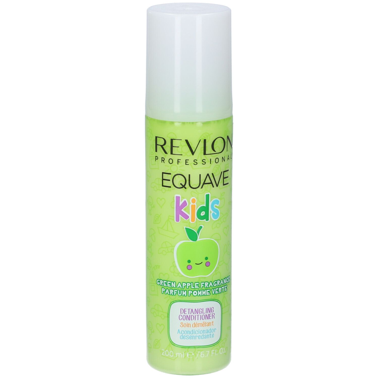 Grüne Flasche mit weißem Deckel. Aufschrift: Revlon Equave Kids, Apfel-Duft, Detangling Conditioner.