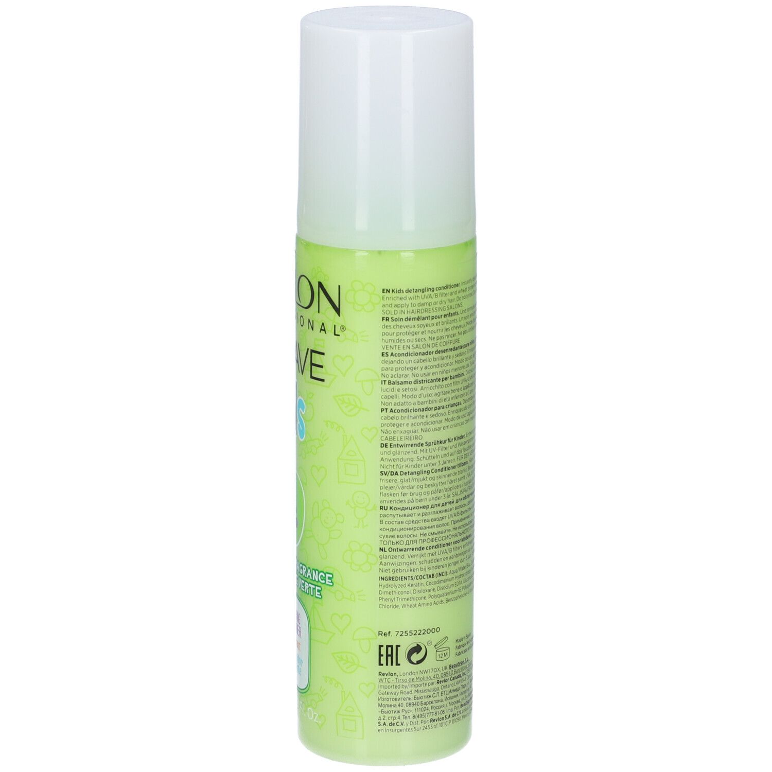 Rückseite einer grünen Flasche mit weißem Deckel. Text und Barcode. Produkt: Revlon Equave Kids.