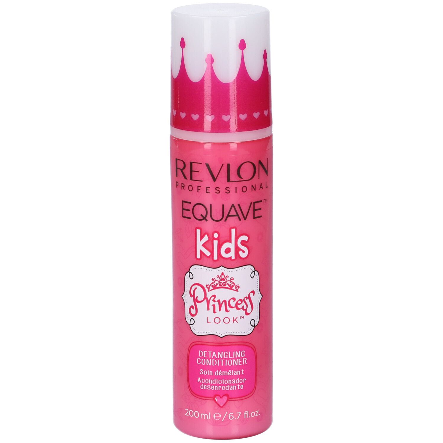 Rosa Flasche mit weißem Deckel. Aufschrift: Revlon Equave Kids Princess Look Detangling Conditioner.