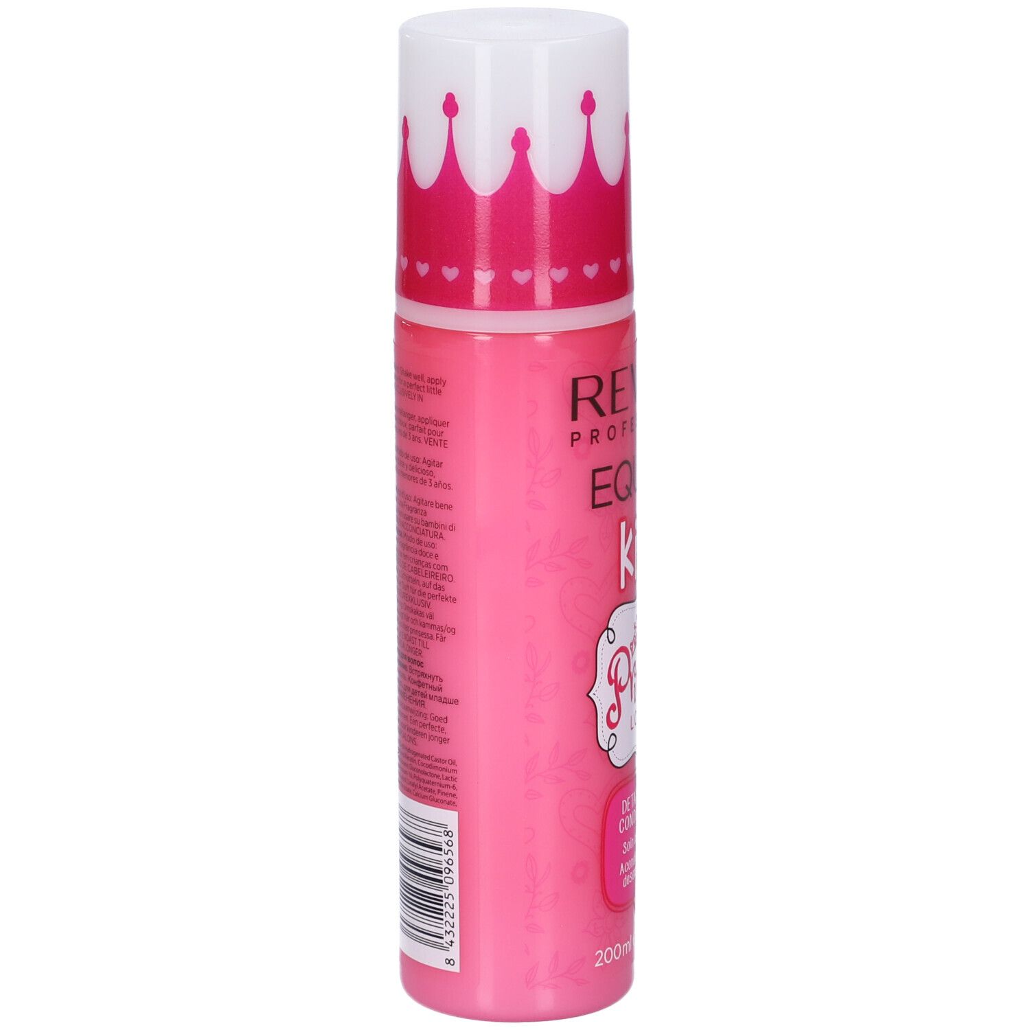 Rosa Flasche mit weißem Deckel. Rückseite mit Text und Barcode. Produkt: Revlon Equave Kids.