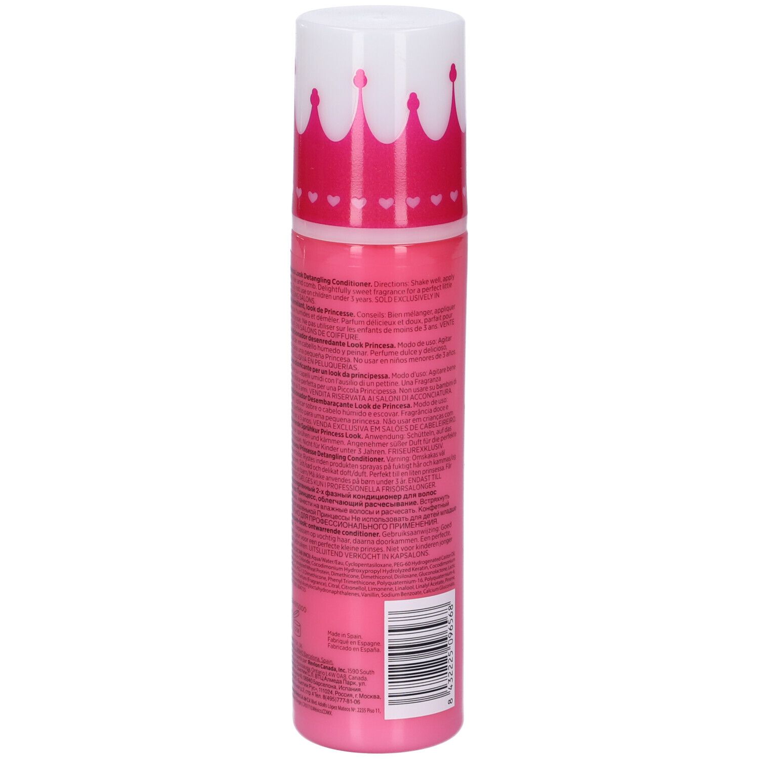 Rosa Flasche mit weißem Deckel. Rückseite mit Text und Barcode. Produkt: Revlon Equave Kids.