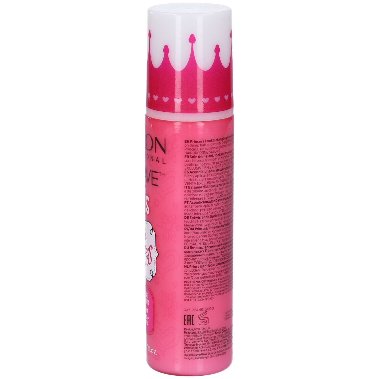 Rosa Flasche mit weißem Deckel. Rückseite mit Text und Barcode. Produkt: Revlon Equave Kids.