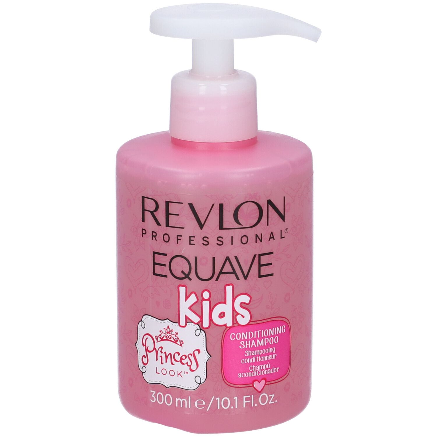 Rosa Shampoo-Flasche mit Pumpe. Aufschrift: Revlon Equave Kids Princess Look. 300 ml.