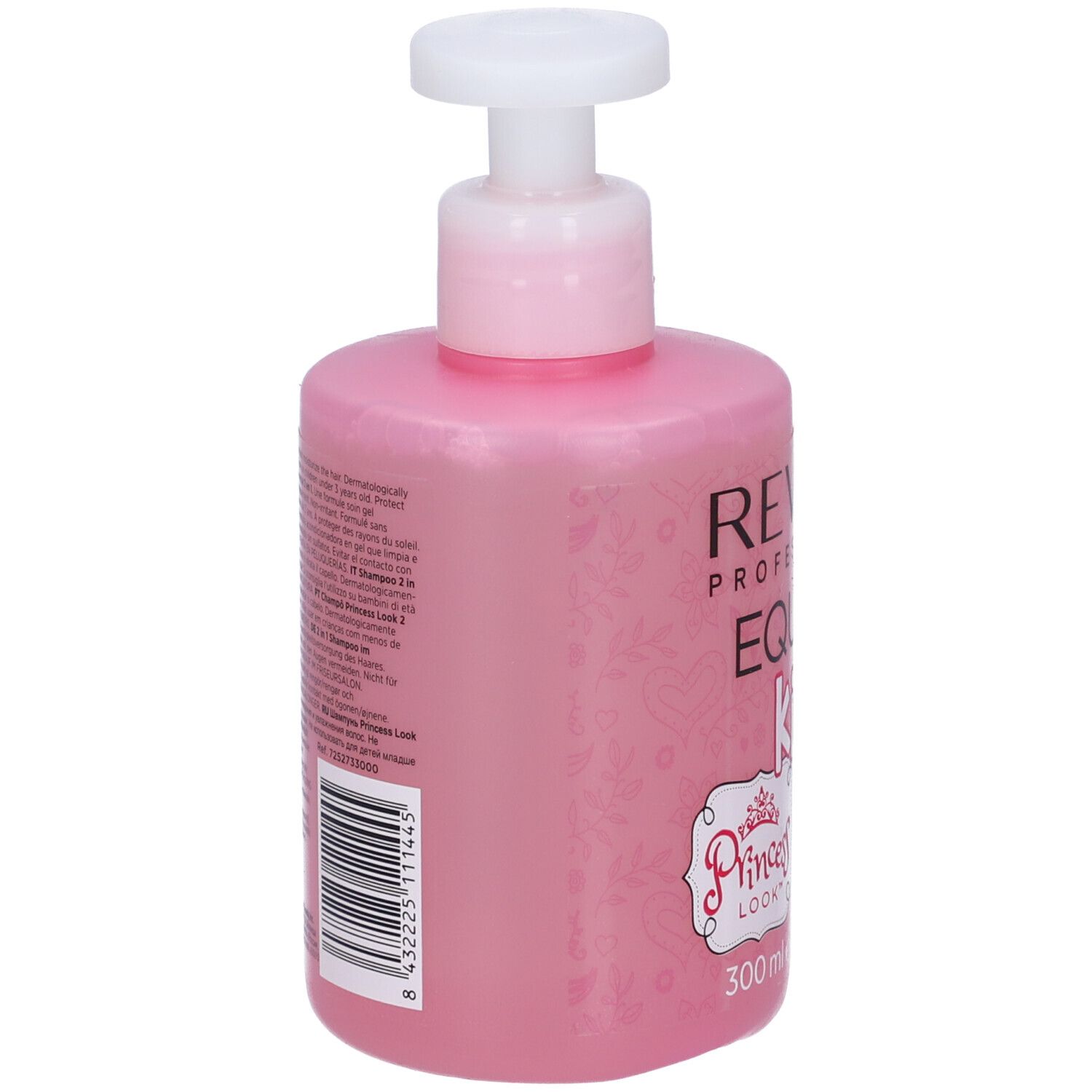 Rückseite einer rosa Shampoo-Flasche mit Pumpe. Text und Barcode.