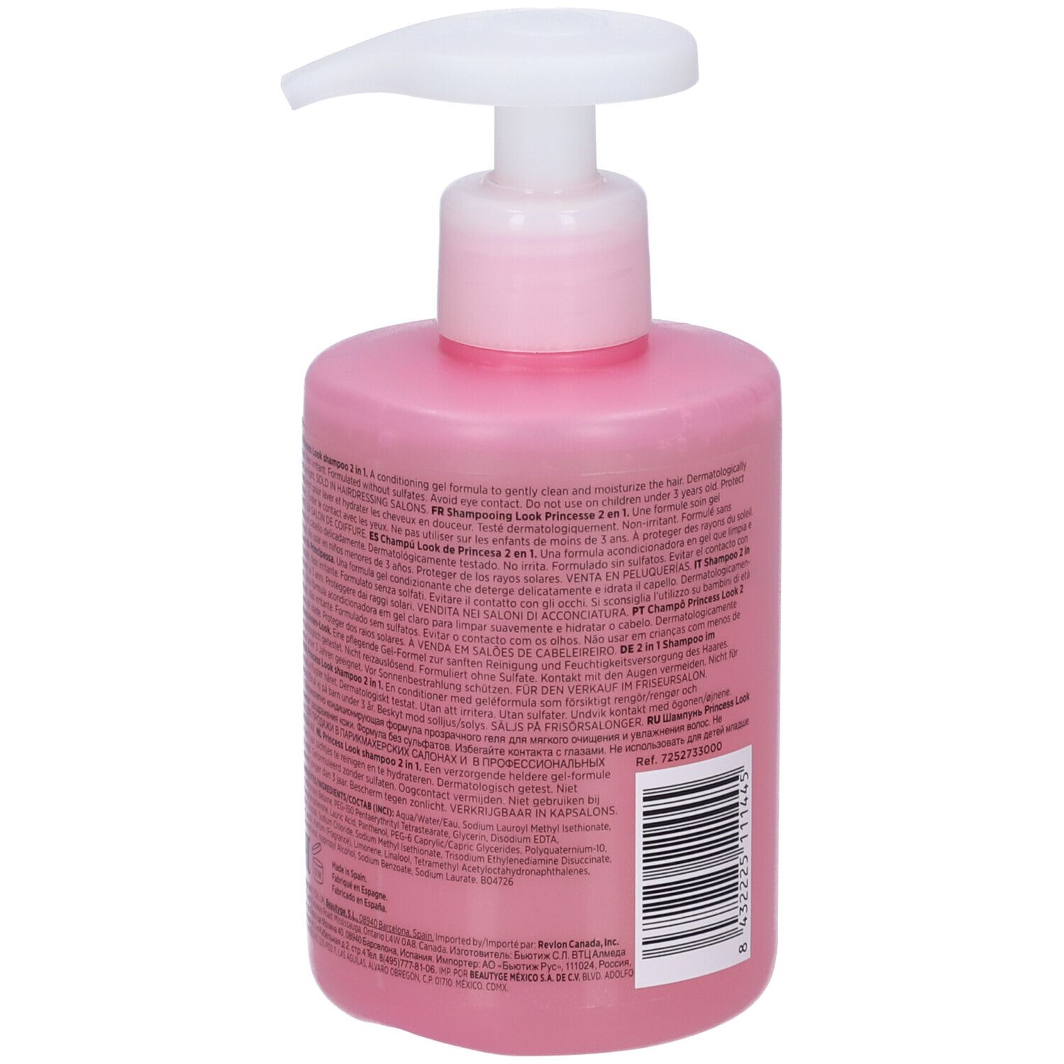 Rückansicht einer rosa Shampoo-Flasche mit Pumpe. Text in mehreren Sprachen.