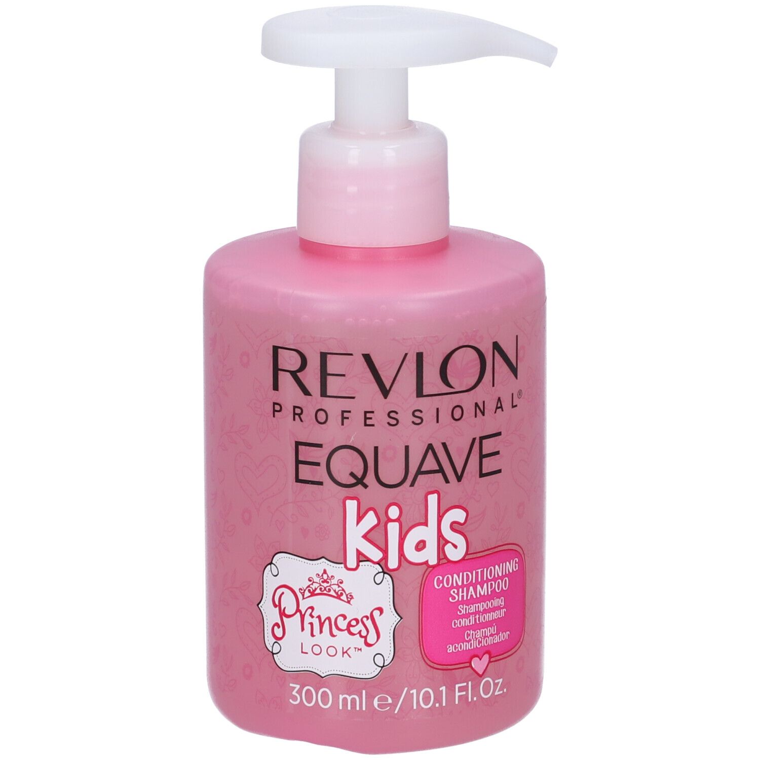 Rosa Shampoo-Flasche mit Pumpe. Aufschrift: Revlon Equave Kids Princess Look. 300 ml.