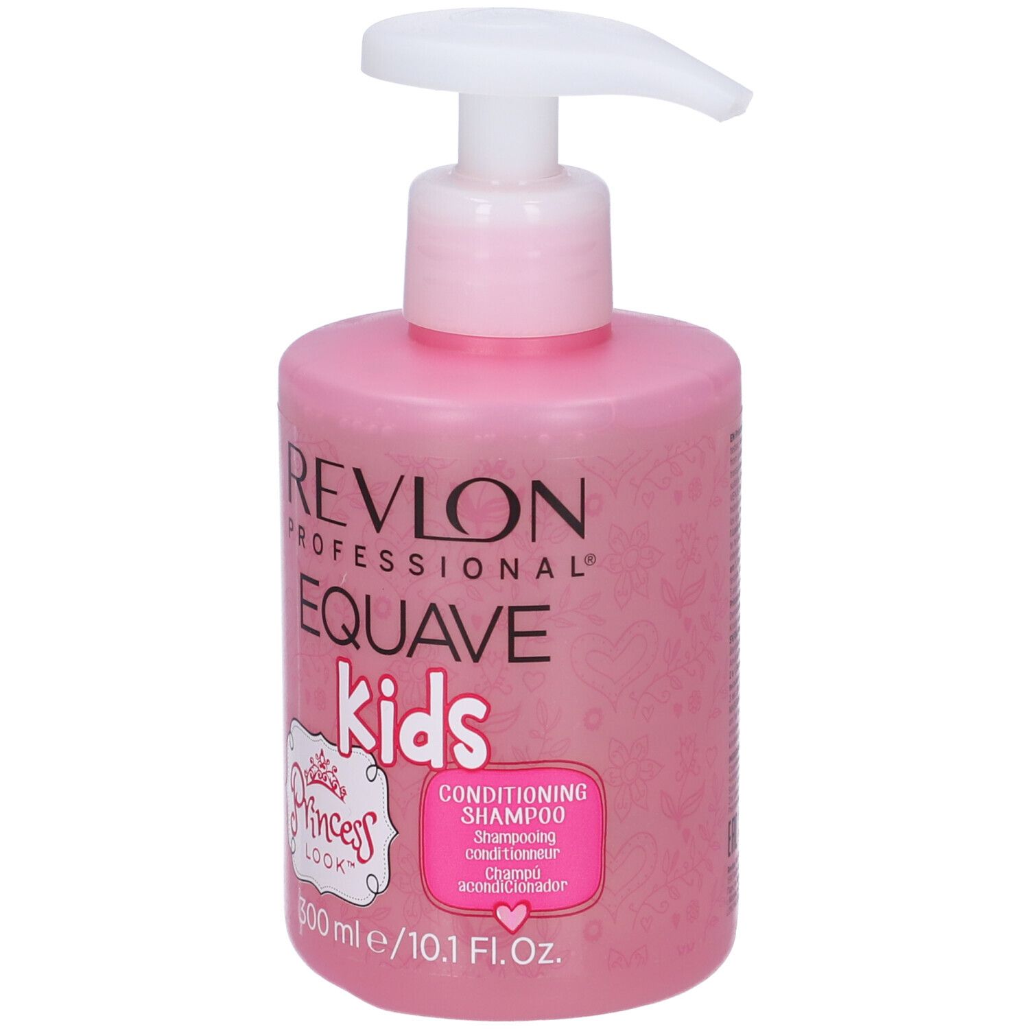Rosa Shampoo-Flasche mit Pumpe. Aufschrift: Revlon Equave Kids Princess Look. 300 ml.