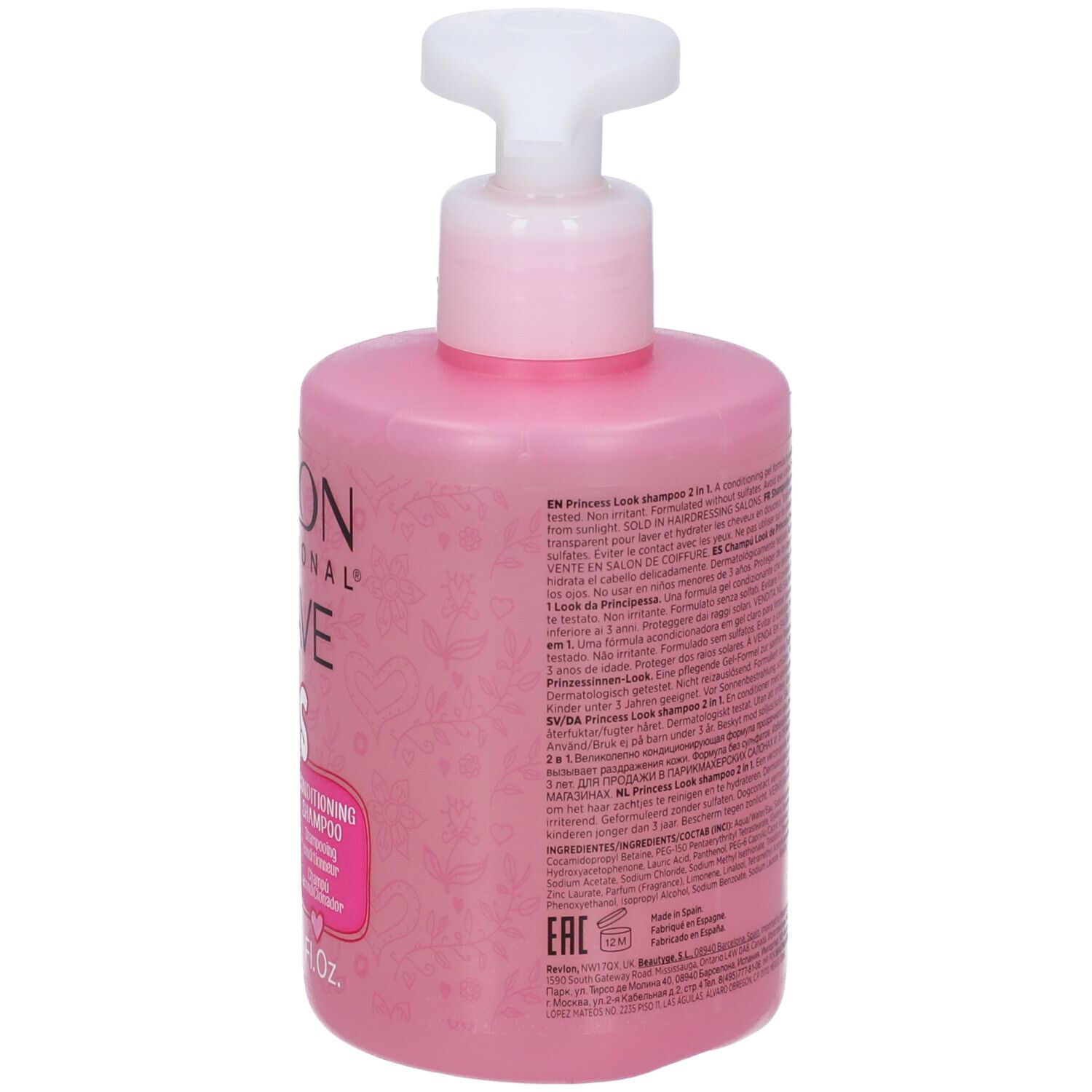 Rückansicht einer rosa Shampoo-Flasche mit Pumpe. Text in mehreren Sprachen.