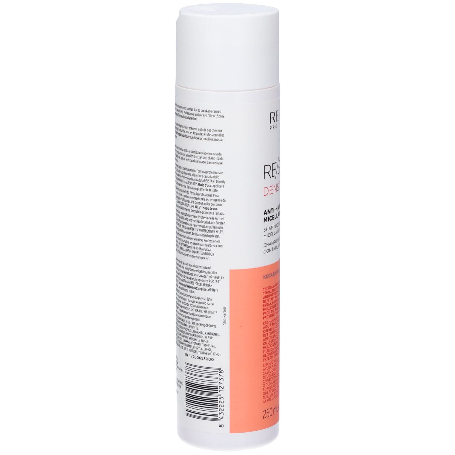 Weiß-rosa Shampoo-Flasche. Text: Revlon, Re/Start Density, Anti-Haarausfall Micellar Shampoo. Rückseite mit Text.