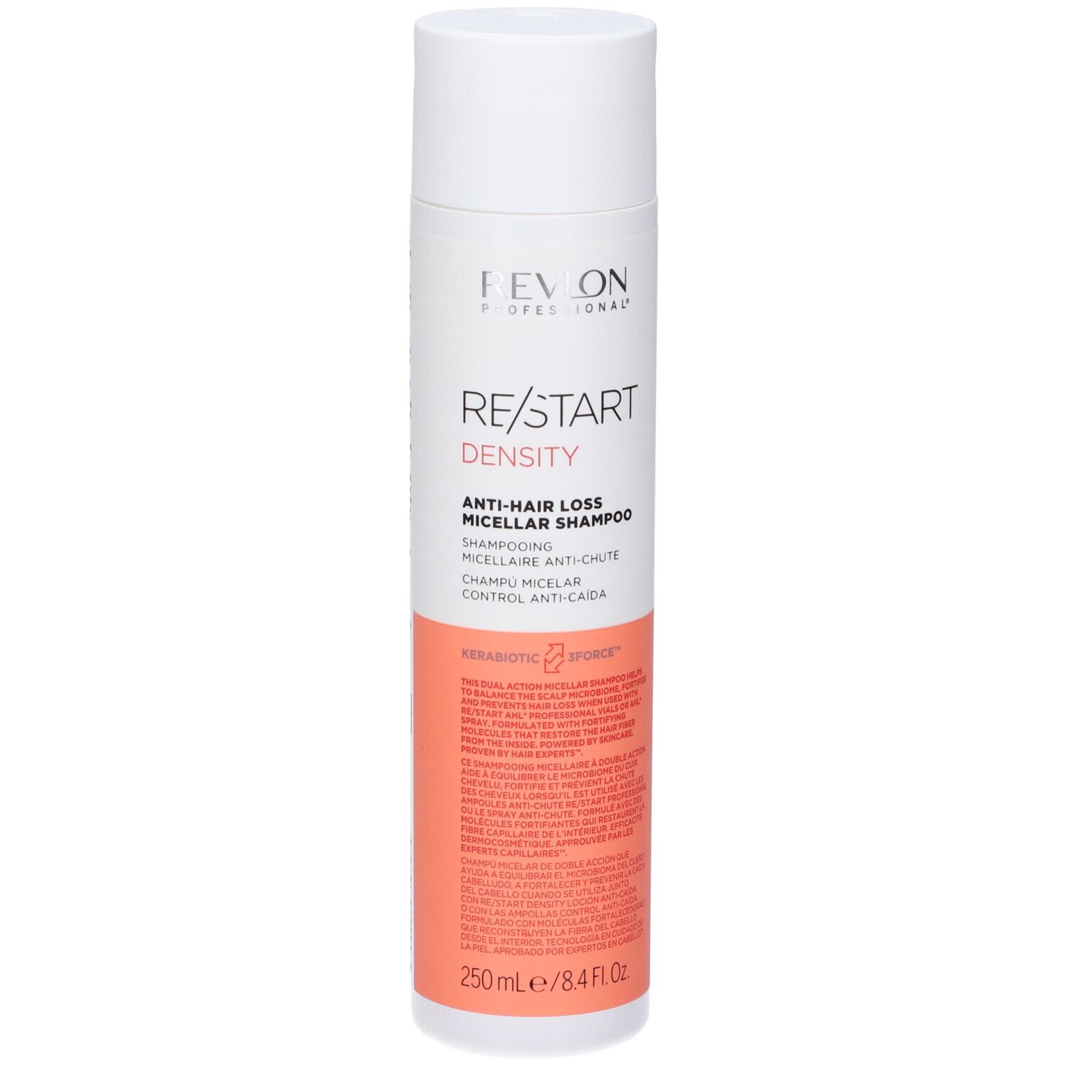 Weiß-rosa Flasche mit Shampoo. Text: Revlon, Re/Start Density, Anti-Haarausfall Micellar Shampoo. 250ml/8.4 fl oz.