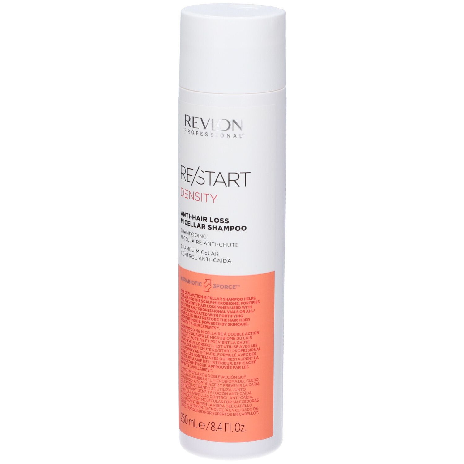 Weiß-rosa Flasche mit Shampoo. Text: Revlon, Re/Start Density, Anti-Haarausfall Micellar Shampoo. 250ml/8.4 fl oz.