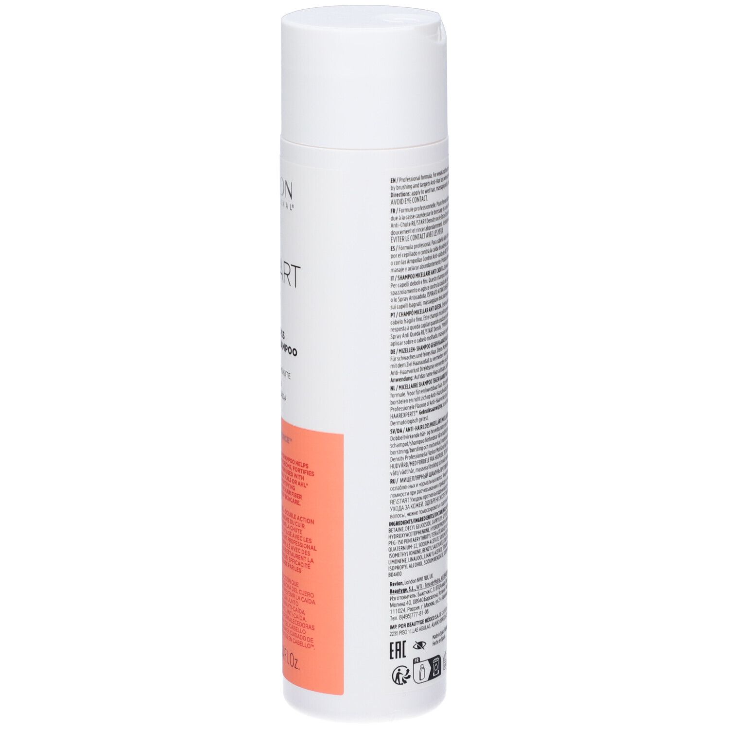 Weiß-rosa Shampoo-Flasche. Text: Revlon, Re/Start Density, Anti-Haarausfall Micellar Shampoo. Rückseite mit Text.