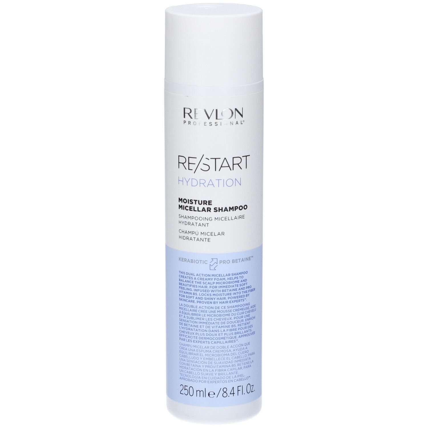 Weiß-blaue Shampoo-Flasche. Aufschrift: REVLON PROFESSIONAL, RE/START Hydration, Moisture Micellar Shampoo. 250 ml.