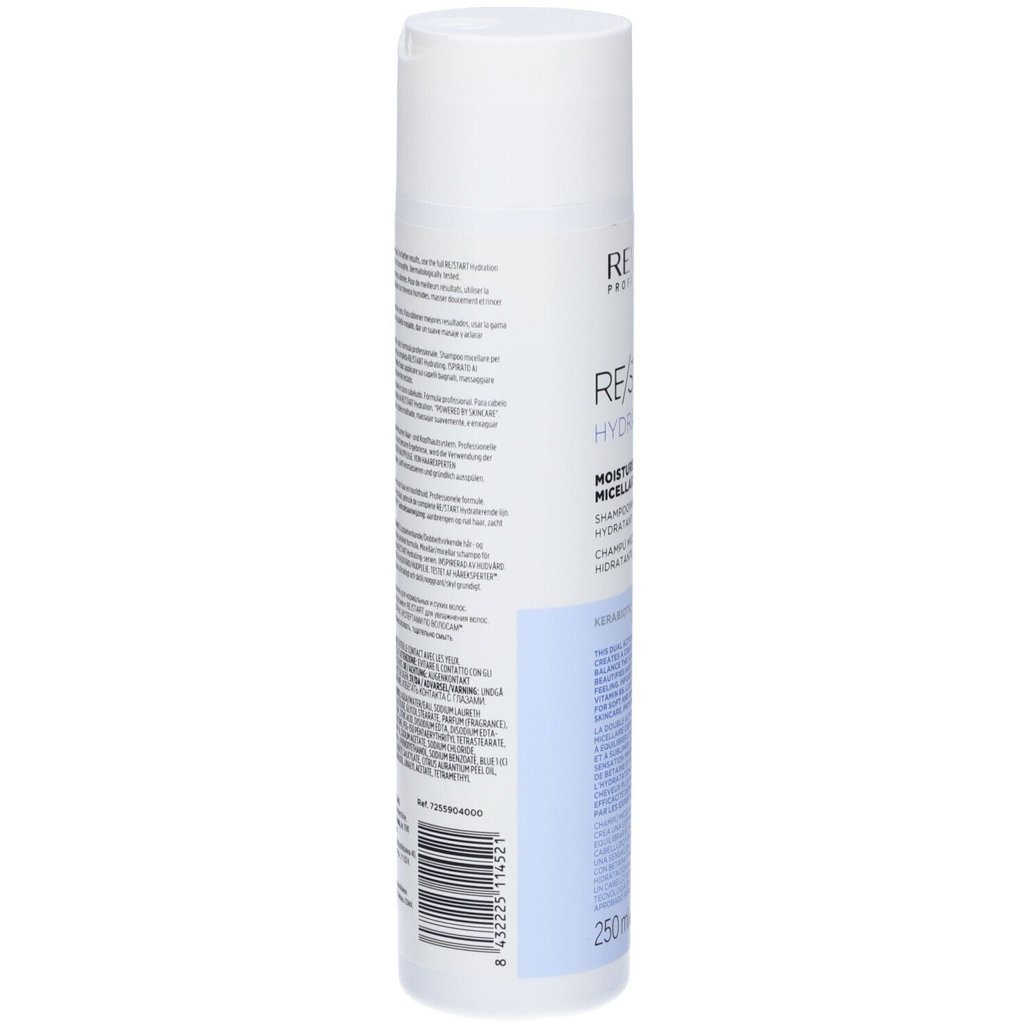 Rückseite der weißen Shampoo-Flasche. Text in mehreren Sprachen. 250 ml. Barcode und Referenznummer.