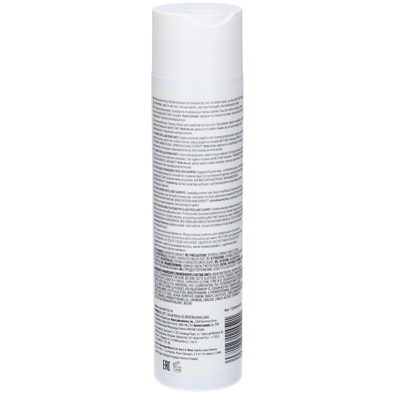 Rückseite der weißen Shampoo-Flasche. Text in mehreren Sprachen. Barcode und Referenznummer.