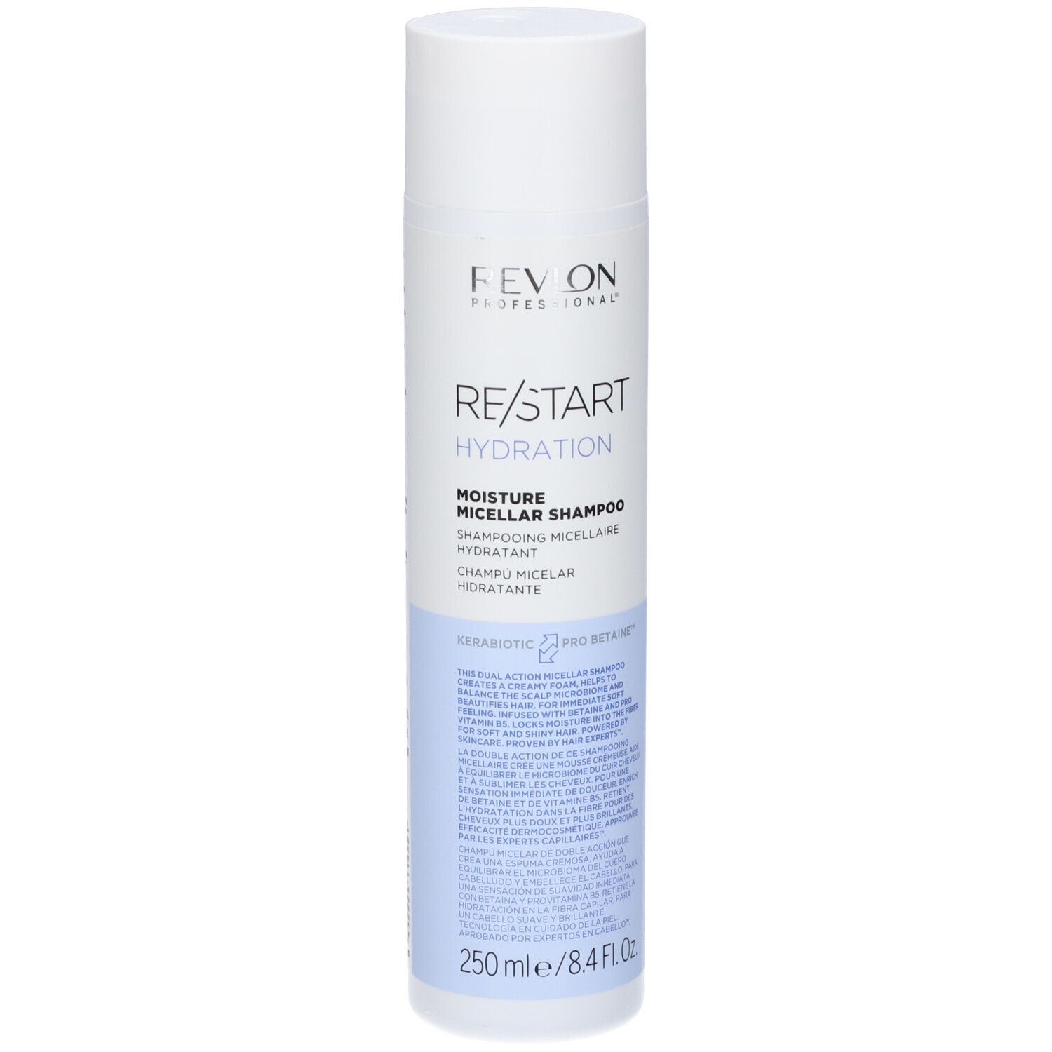 Weiß-blaue Shampoo-Flasche. Aufschrift: REVLON PROFESSIONAL, RE/START Hydration, Moisture Micellar Shampoo. 250 ml.