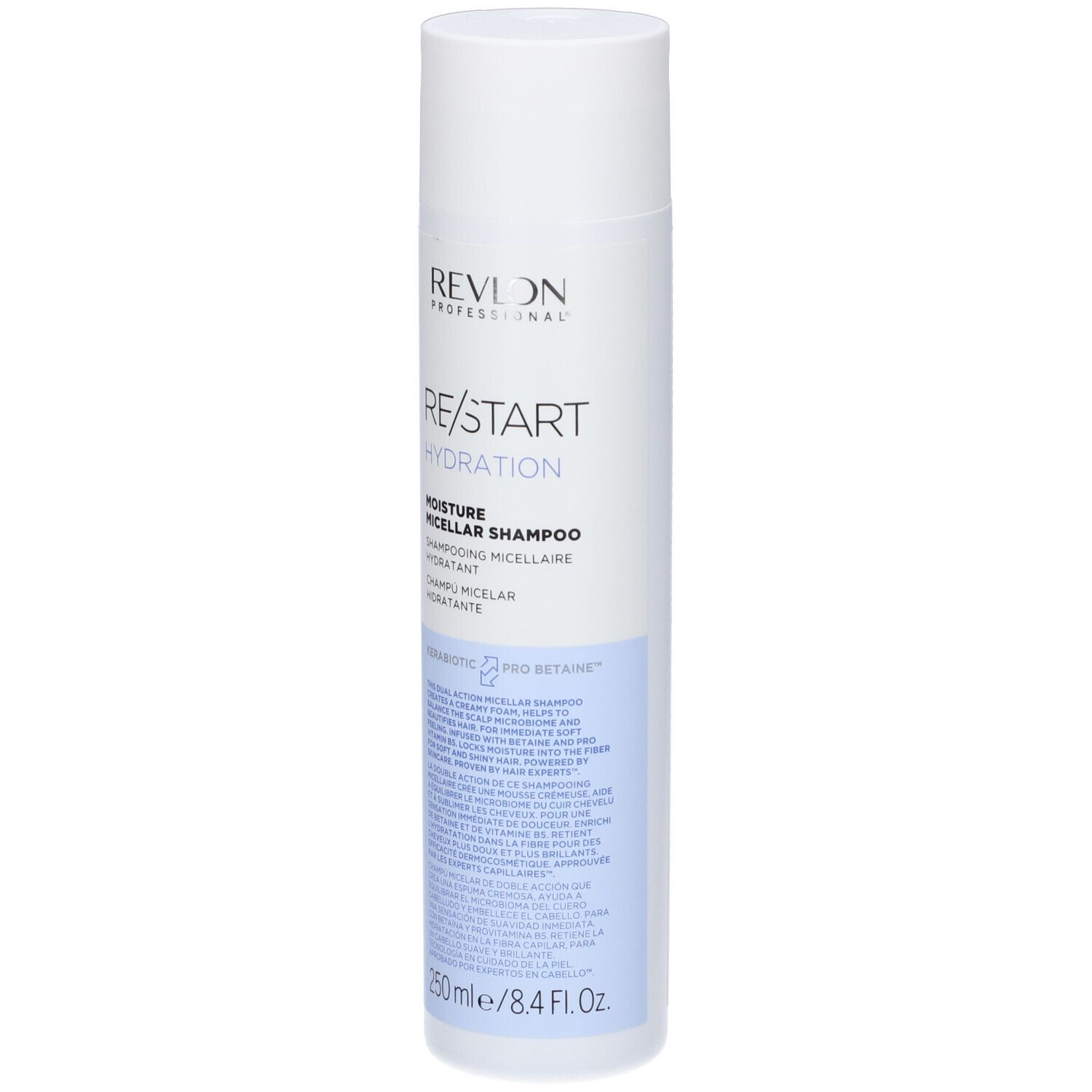 Weiß-blaue Shampoo-Flasche. Aufschrift: REVLON PROFESSIONAL, RE/START Hydration, Moisture Micellar Shampoo. 250 ml.