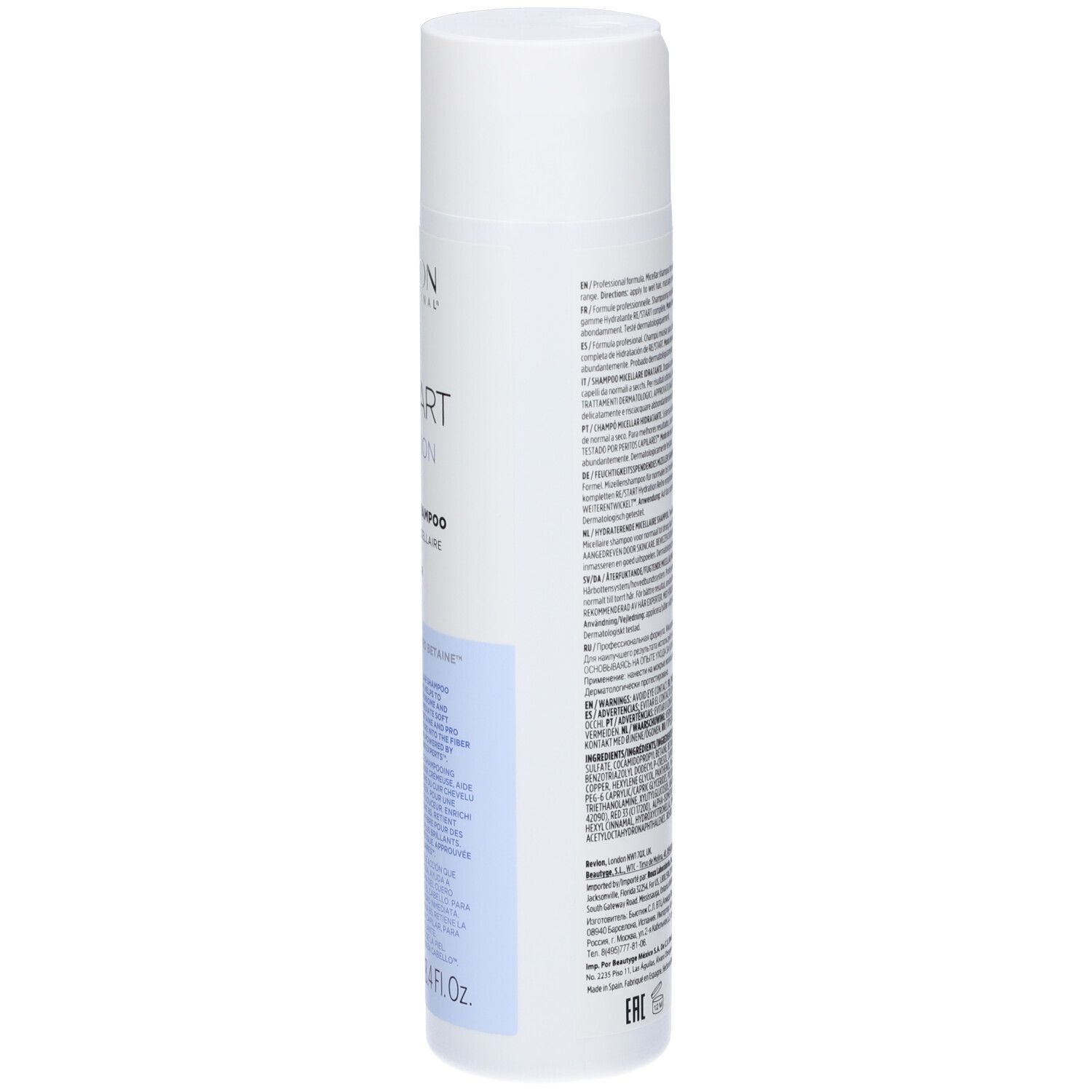 Rückseite der weißen Shampoo-Flasche. Text in mehreren Sprachen. 250 ml.
