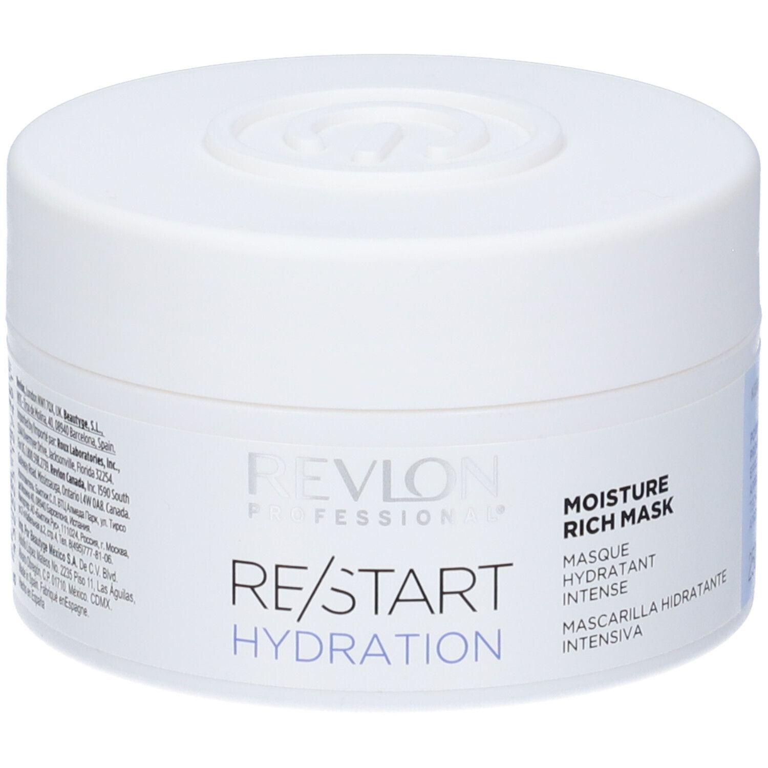 Weißer Tiegel mit Deckel. Aufschrift: RE/START HYDRATION, MOISTURE RICH MASK. Blaue Akzente.