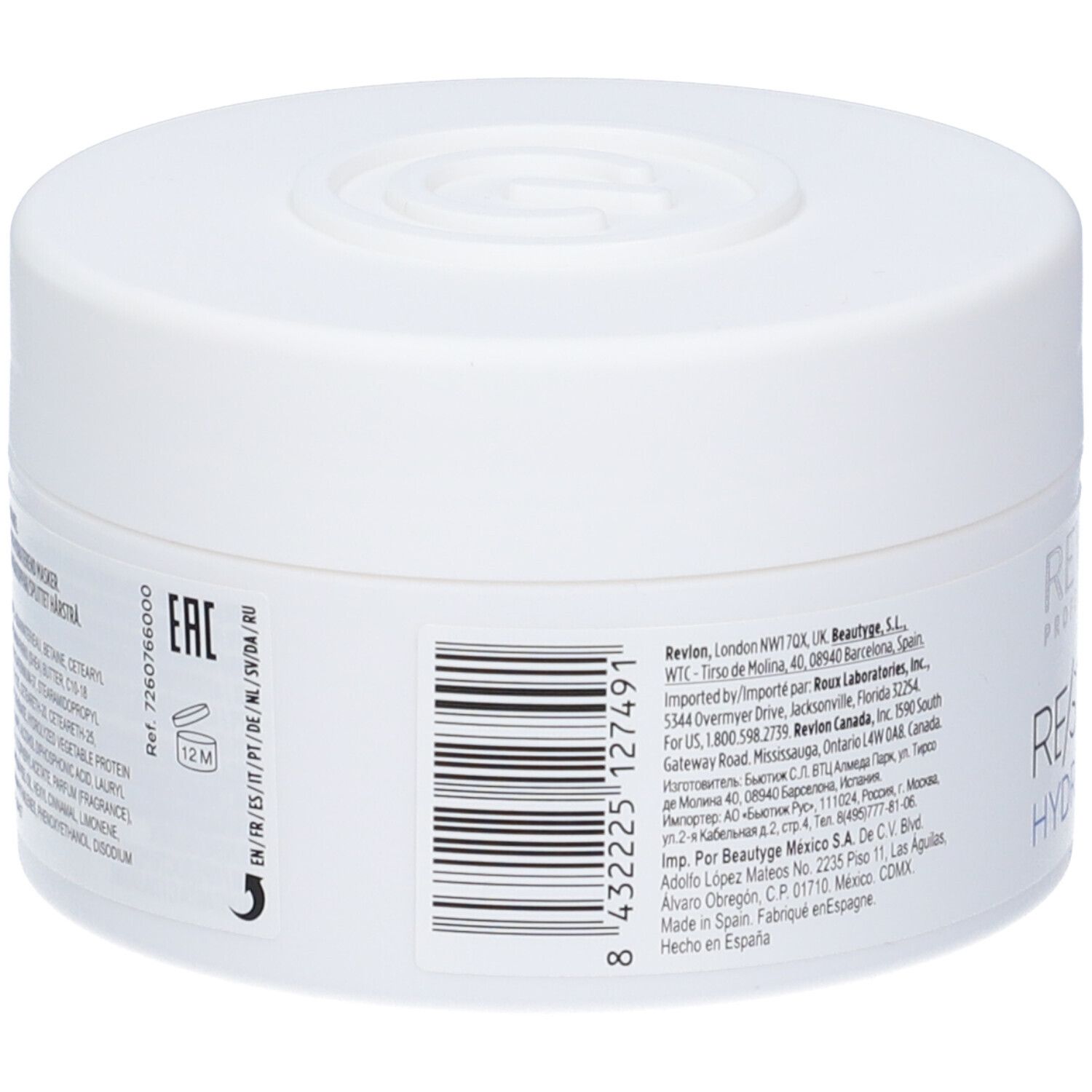 Weißer Tiegel mit Deckel. Barcode und Text. Aufschrift: RE/START HYDRATION. Rückseite.